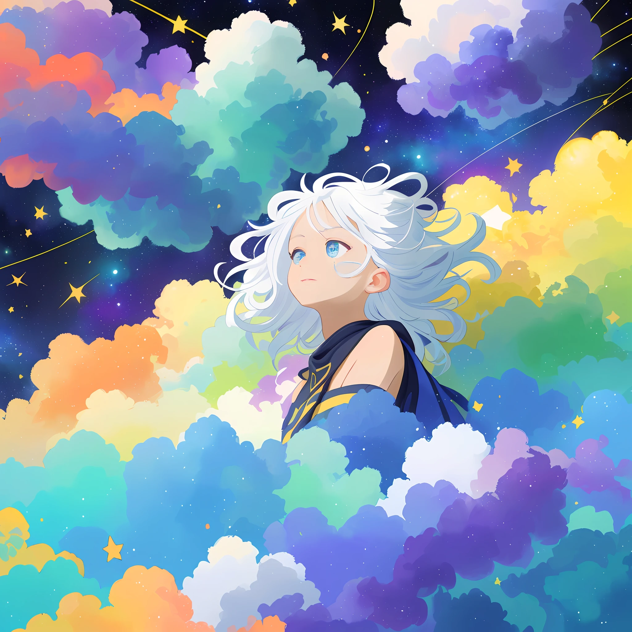 ((masterpiece)), (((best quality))), ((ultra-detailed)), ((illustration)),[realism light effect],shadow,(Fantasy style),(white background:1.6), simple background, (earth theme),(a cloak)[(hair focus,((1girl)),[(big slime hair): (cloud hair):0.3], (hair on background),(high saturation),(hair surrounded by galaxy splashes),)):((her hair is becoming galaxy clouds,:1.27628), (hair and clothes is galaxy clouds and cluster of stars:1.1025),(a cloak is becoming galaxy clouds)(colorful_galaxy_print_clusters_of_stars_print:1.35),((detailed starry sky with colorful galaxy and galaxy clouds):1.2)):0.35], (((masterpiece))),(((best quality))),((ultra-detailed)),(illustration),(dynamic angle),((floating)),(paint),((disheveled hair)),((beautiful detailed face)),collar,bare shoulders, ((colorful hair)),((streaked hair)),beautiful detailed eyes,(Gradient color eyes),(((colorful eyes))),(((colorful background))),(((high saturation))),(((surrounded by colorful splashes))),(((surrounded by colorful dot))),colorful bubble,((shining)),