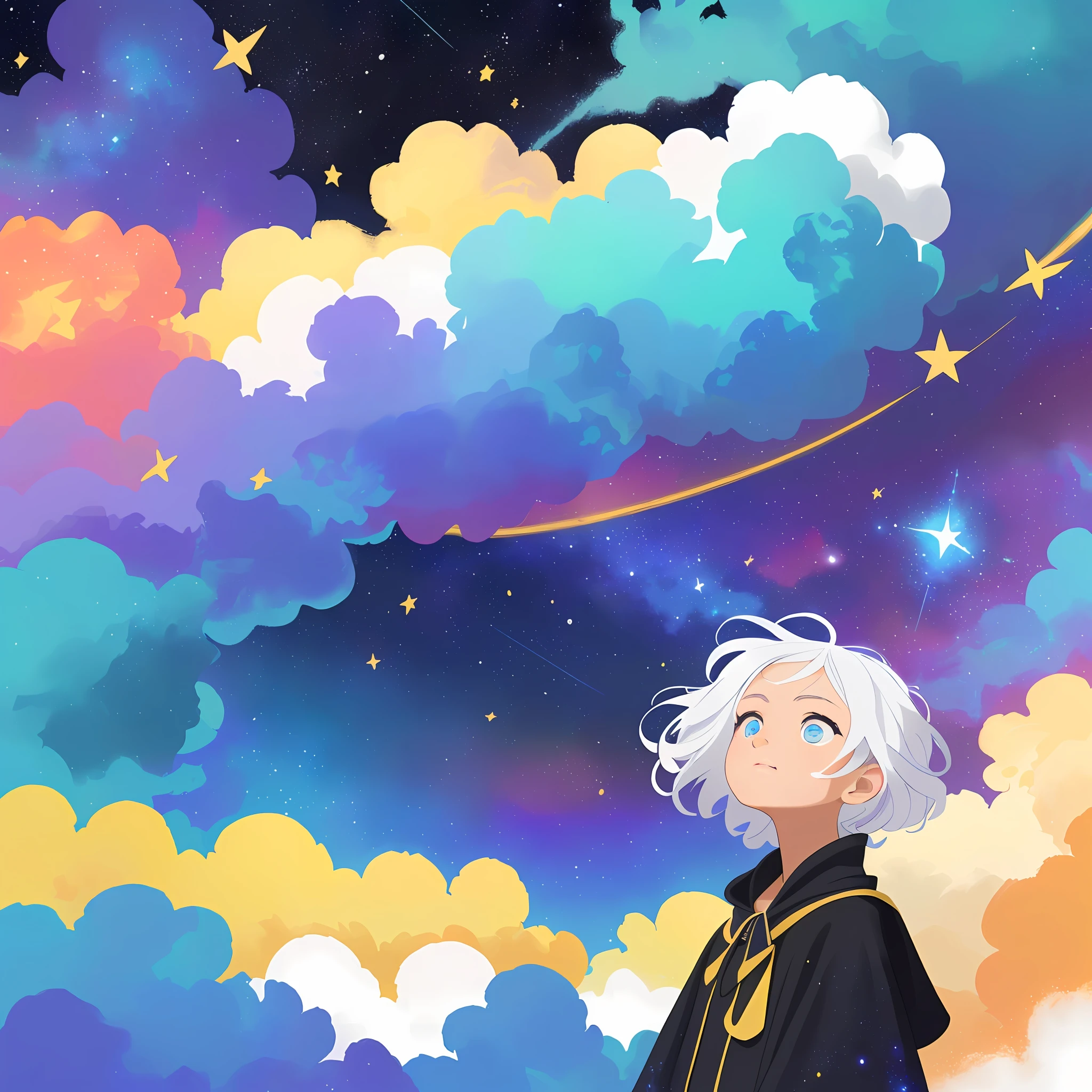 ((masterpiece)), (((best quality))), ((ultra-detailed)), ((illustration)),[realism light effect],shadow,(Fantasy style),(white background:1.6), simple background, (earth theme),(a cloak)[(hair focus,((1girl)),[(big slime hair): (cloud hair):0.3], (hair on background),(high saturation),(hair surrounded by galaxy splashes),)):((her hair is becoming galaxy clouds,:1.27628), (hair and clothes is galaxy clouds and cluster of stars:1.1025),(a cloak is becoming galaxy clouds)(colorful_galaxy_print_clusters_of_stars_print:1.35),((detailed starry sky with colorful galaxy and galaxy clouds):1.2)):0.35], (((masterpiece))),(((best quality))),((ultra-detailed)),(illustration),(dynamic angle),((floating)),(paint),((disheveled hair)),((beautiful detailed face)),collar,bare shoulders, ((colorful hair)),((streaked hair)),beautiful detailed eyes,(Gradient color eyes),(((colorful eyes))),(((colorful background))),(((high saturation))),(((surrounded by colorful splashes))),(((surrounded by colorful dot))),colorful bubble,((shining)),
