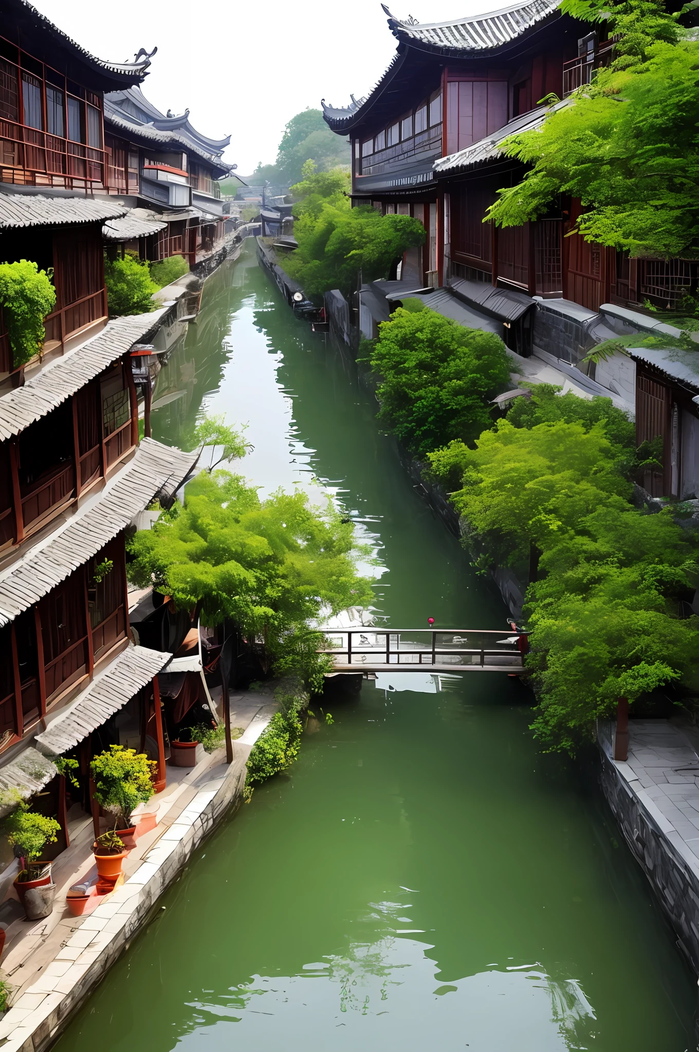 Jiangnan Water Town,resident,everyone,Traditional Hanfu or national costume,Kind face,eyes with brightness,watercourse,stone,tiny ships docking,dense with greenery,Quaint building,alleys,warm sunlight,Light wind,The moist breath of the water town,Crystal clear lake water,floating lotus leaves,Medium and long range,The whole water town is the focus,Riverside views or boat trips,Positive high image quality,Clear detail,rich colours,Neutral tones,Chinese painting style,Natural landscape expression,Cultural characteristics of Jiangnan water town,Ink and light brush drawings