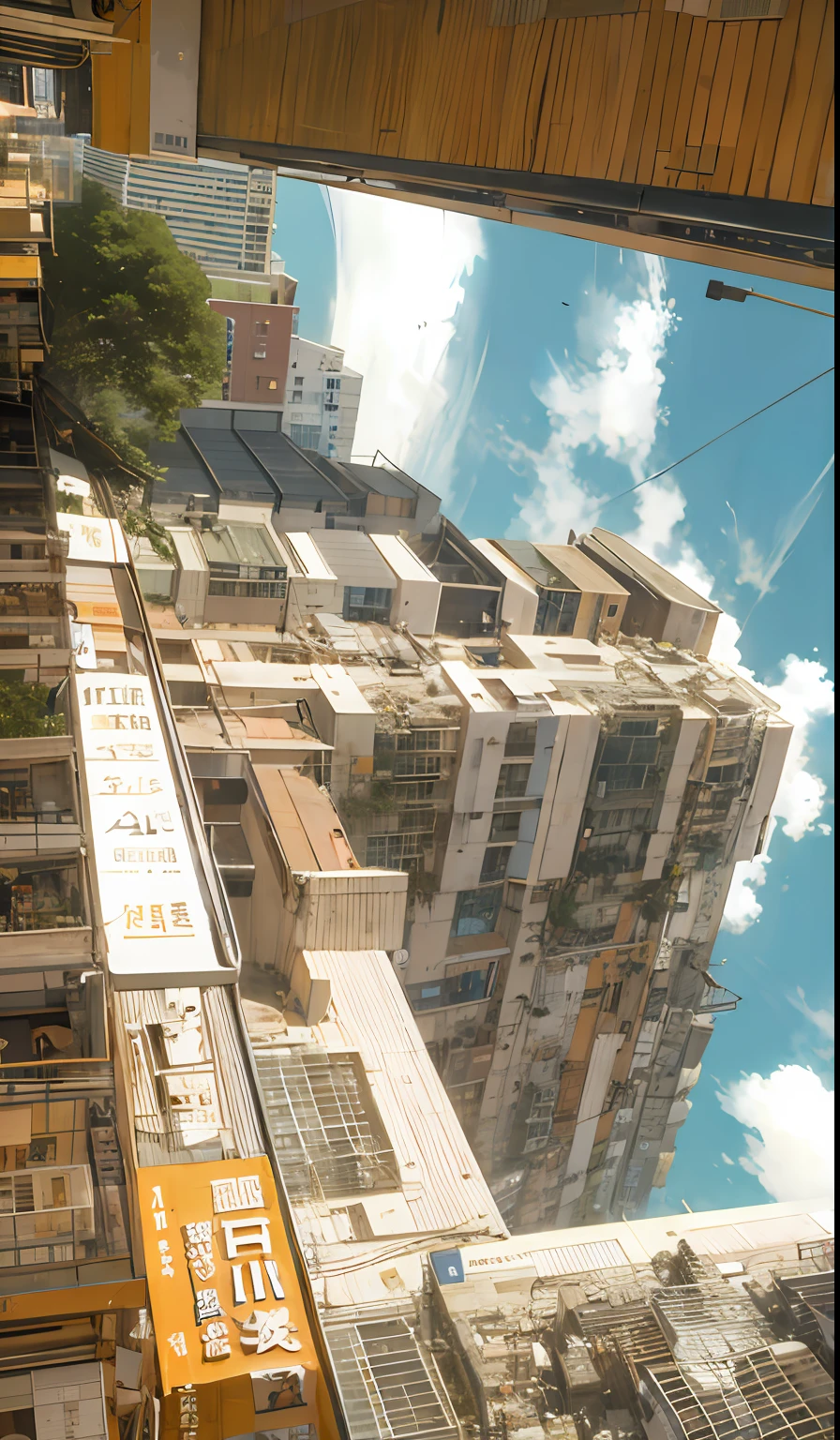 A tall building with the sky as a backdrop，There is a tree in the middle, the neat and dense buildings, a still of kowloon, overlaid with chinese adverts, View from below, cinematic view from lower angle, look from down, 4 0 9 6, dynamic low angle shooting, Shot from below, View from the bottom, shot on gopro9, Low-angle camera view
