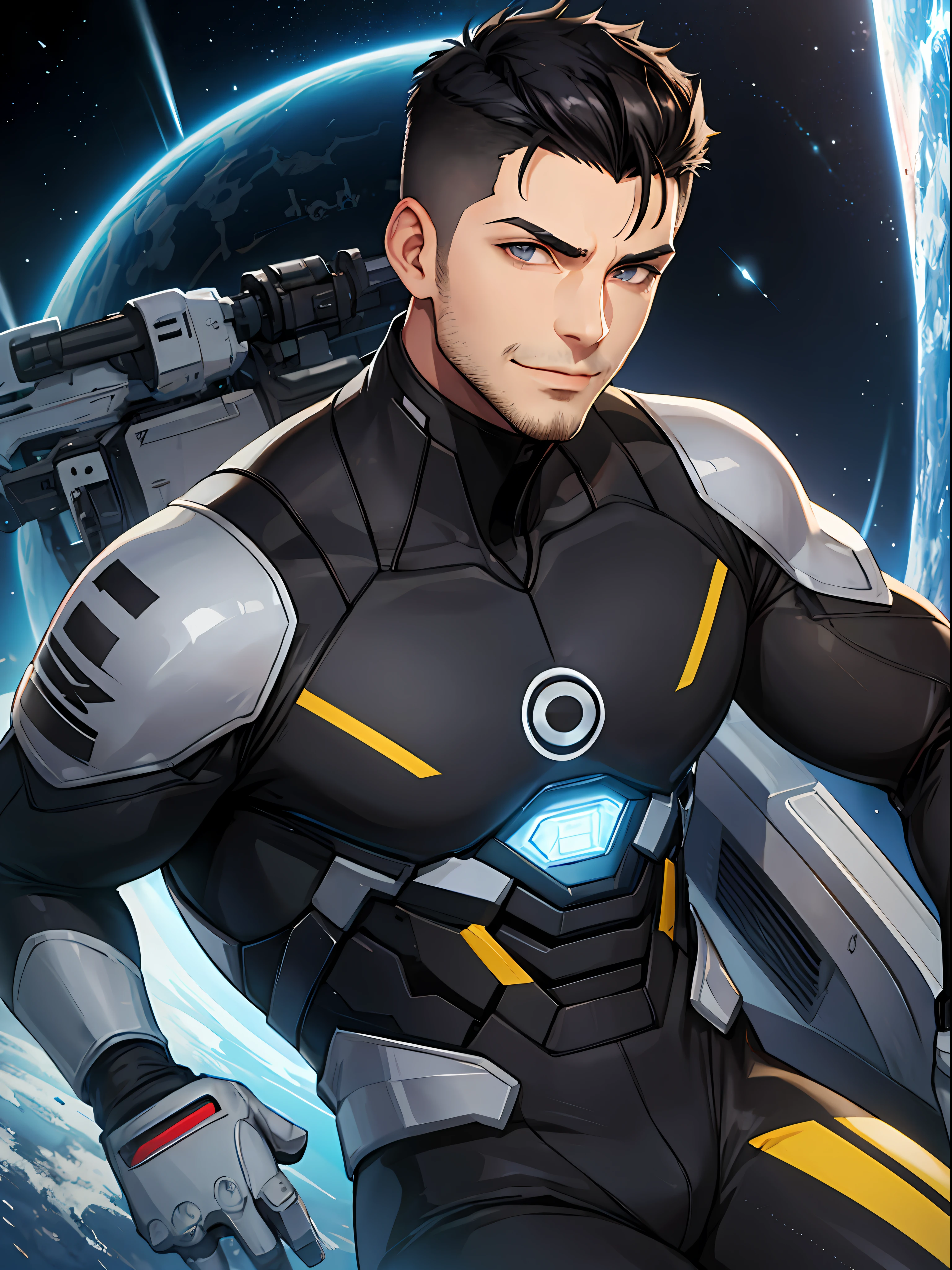 1male, mature male, (undercut), black hair, (grey eyes:1.2), [beard:stubble:0.25], smirk, black bodysuit, science fiction, sci-fi, cosmic background, (2D), anime