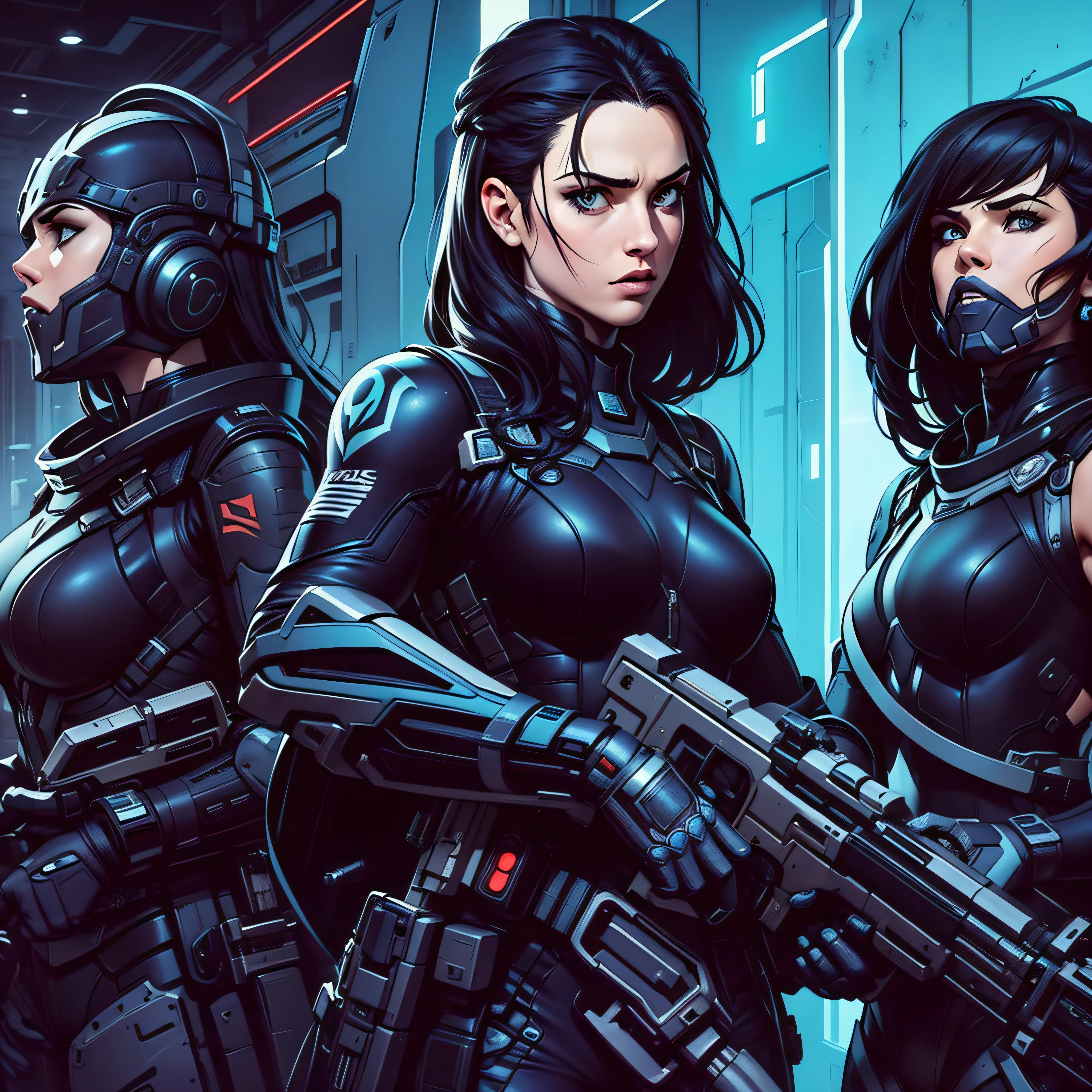 A female superhero group, ready for battle, wearing tech armor, futuristic display, and holding advanced weapon,, masterpiece, epic composition, appeal, movie poster, posing for a photo