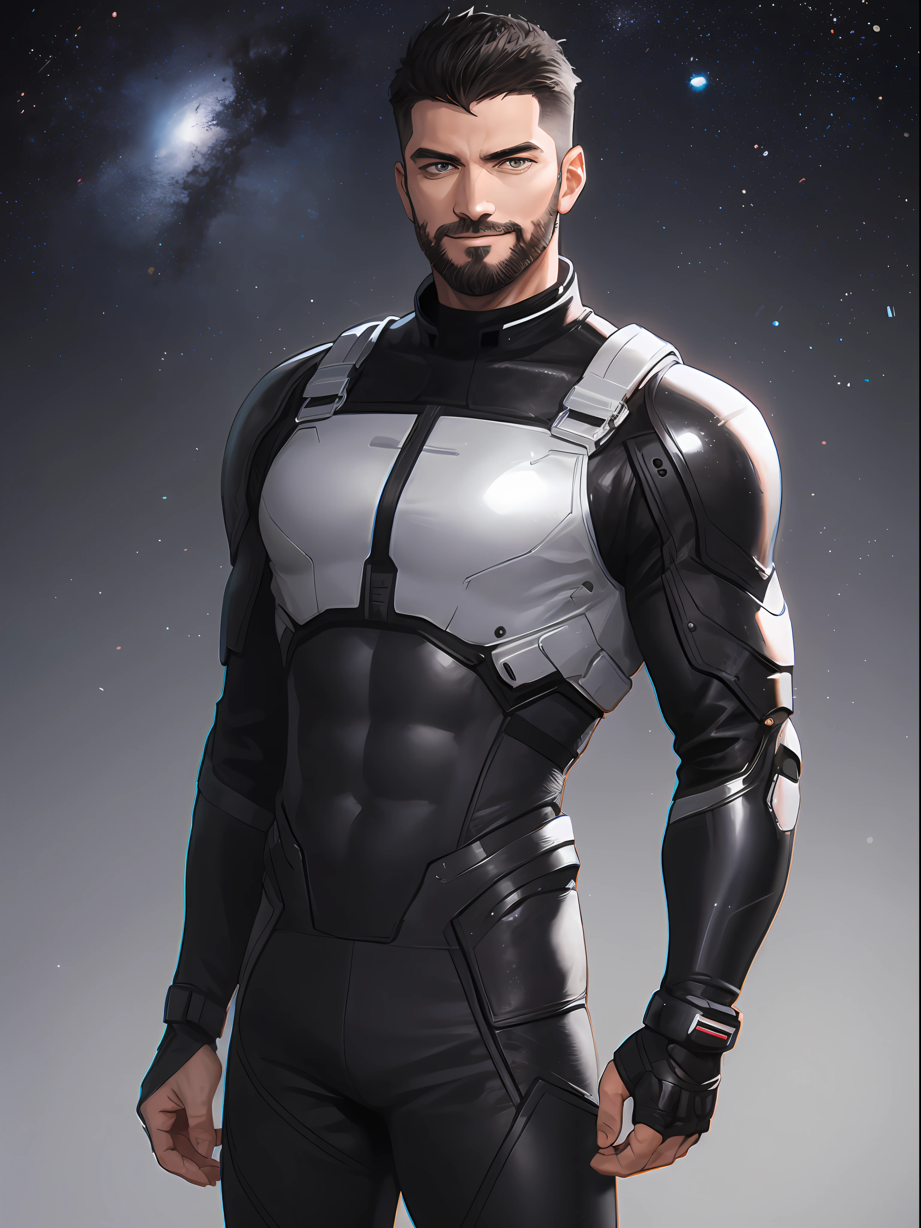 1male, mature male, (undercut), black hair, (grey eyes:1.2), [beard:stubble:0.45], smirk, black bodysuit, science fiction, sci-fi, cosmic background, (2D), anime