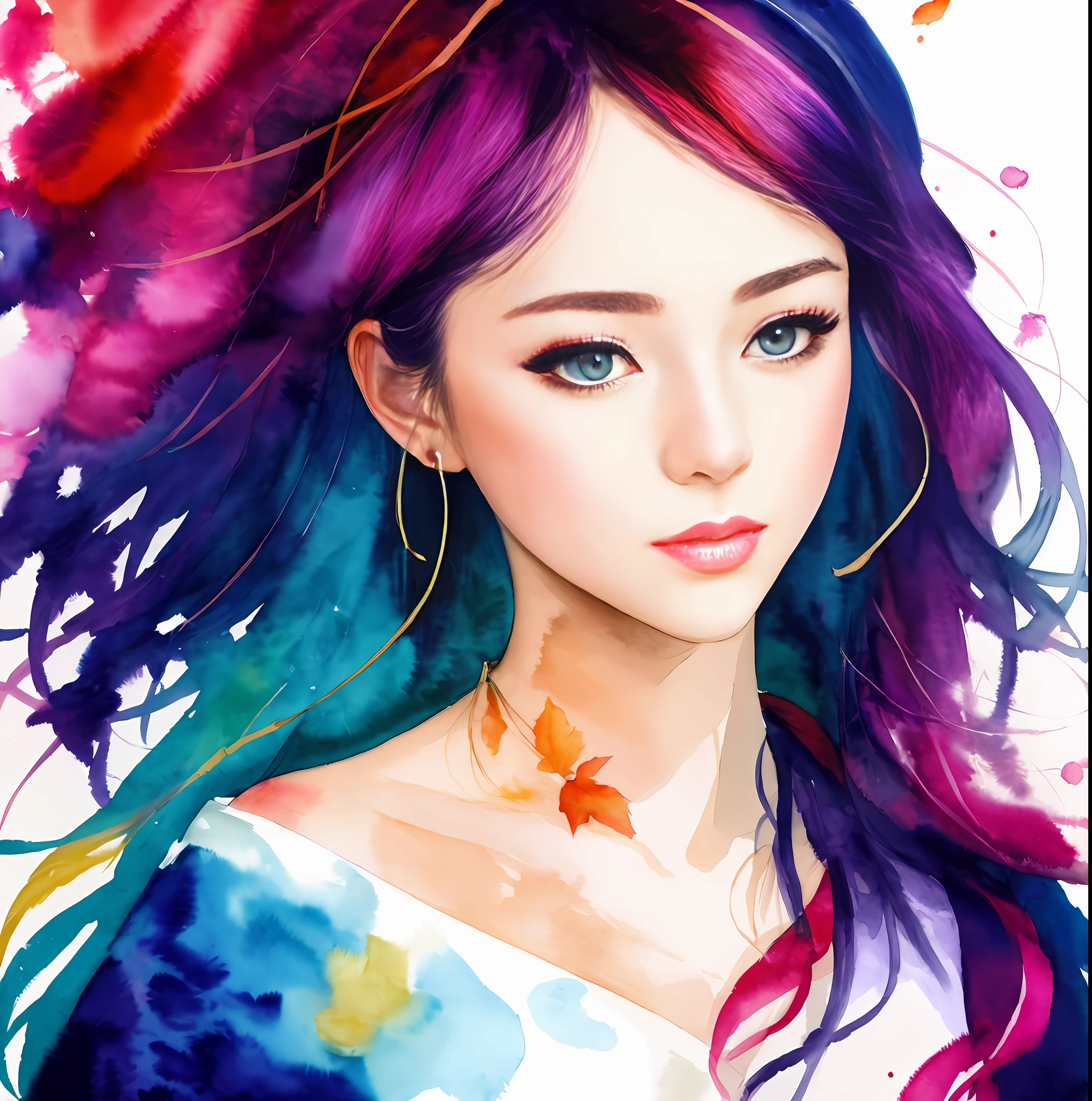 (8K, Best quality, Masterpiece:1.2),(Best quality:1.0), (超高分辨率:1.0), aquarelle, A beautiful woman, Shoulder, tress ribbon, author：Agnes Cecile, half-body portrait, extremely luminous bright design, Pastel colors, (ink:1.3), Autumn lights