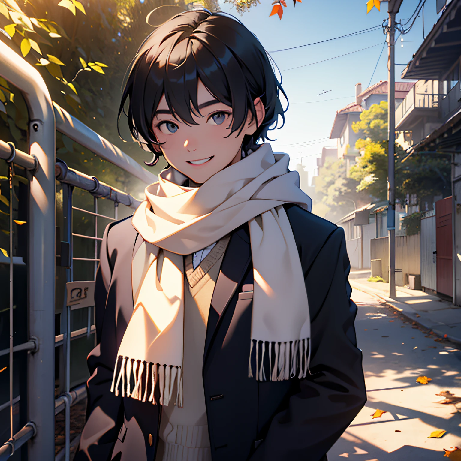 Young man, school playground, sunshine, leaves, light and shadow, school uniform, hair, eyes, love, scarf weaving, patterns, smile, anticipation, nervousness --auto