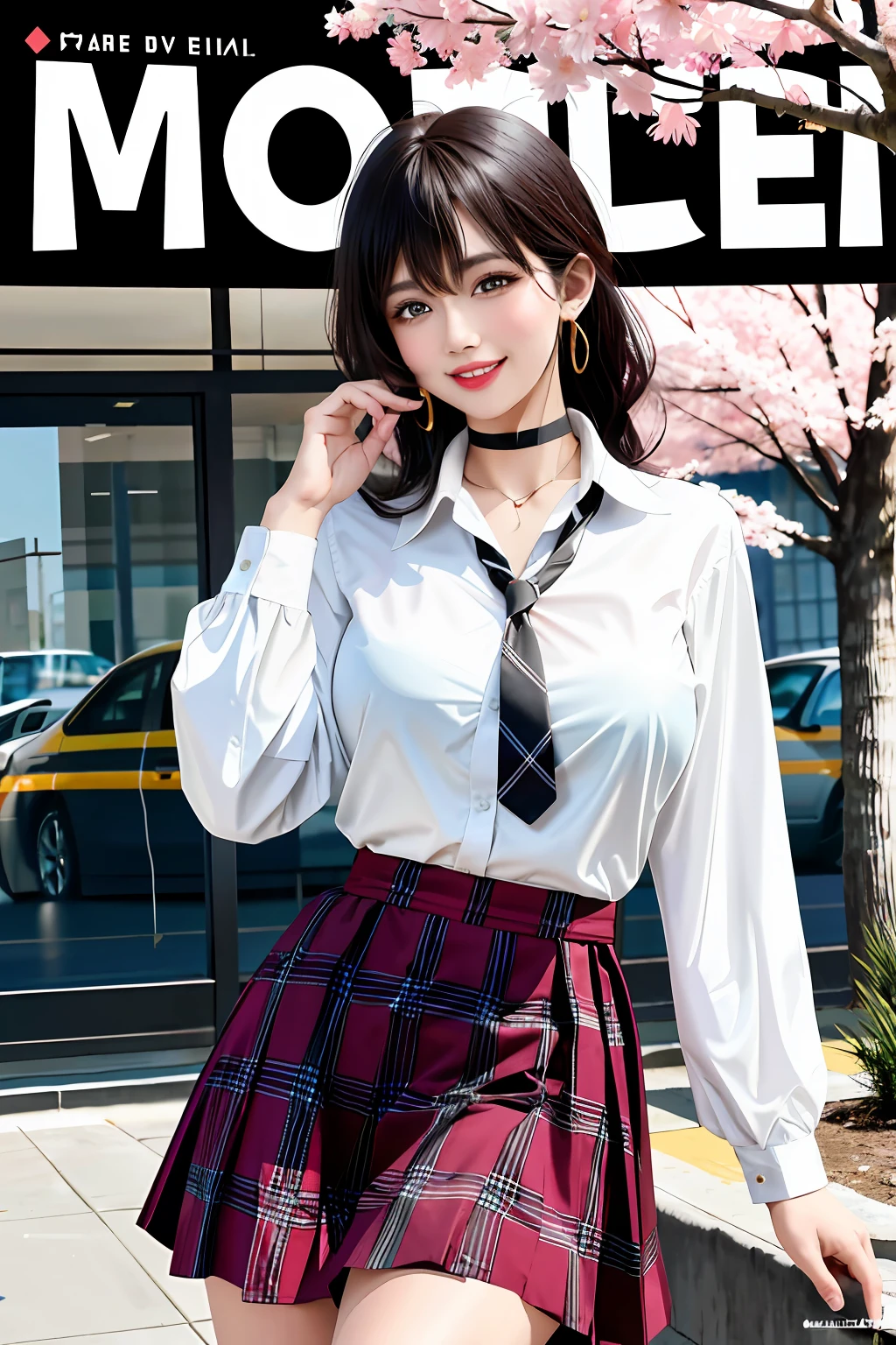 masterpiece, best quality, full body, 1girl, bangs, black choker, black necktie, black hair, blue skirt, blush, bracelet, breasts, choker, clothes around waist, collarbone, collared shirt, cowboy shot, dress shirt, ear piercing, eyebrows visible through hair, gradient hair, grin, gyaru, jewelry, kogal, long hair, looking at viewer, loose necktie, necktie, piercing, plaid, plaid skirt, pleated skirt, red eyes, ring, school uniform, shirt, skirt, smile, solo, white shirt, street, sky, cherry blossoms, petals,illustration, (magazine:1.3), (cover-style:1.3), fashionable, woman, vibrant, outfit, posing, front, colorful, dynamic, background, elements, confident, expression, holding, statement, accessory, majestic, coiled, around, touch, scene, text, cover, bold, attention-grabbing, title, stylish, font, catchy, headline, larger, striking, modern, trendy, focus, fashion,