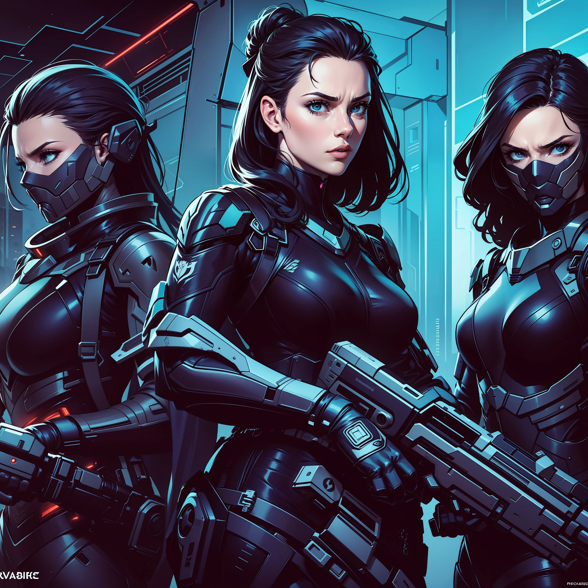 A female superhero group, ready for battle, wearing tech armor, futuristic display, and holding advanced weapon,, masterpiece, epic composition, appeal, movie poster, posing for a photo