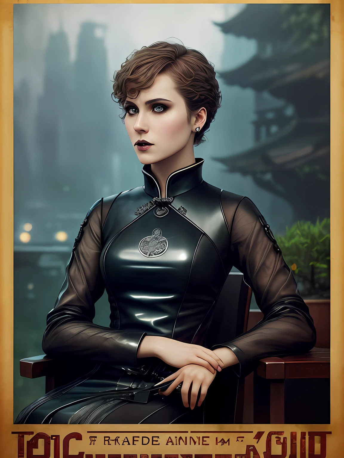 Carla Juri as Dr. Ana Stelline from Blade Runner 2049, sits on a chair, (poster:1.6), poster on wall, movie poster, (portrait:1.3), ((thin transparent qipao dress)), black hair,
((japanese rock garden and pond, bonsai)), movie poster, ((high-tech interior style and futurism)),, factory and huge Industrial robots on background,
(elegant, beautiful face), (gothic makeup:1.2)
((ultradetaled skin texture)), intricately detailed, fine details, hyperdetailed, raytracing, subsurface scattering, diffused soft lighting, shallow depth of field, Intricate, High Detail, Sharp focus, dramatic, photorealistic painting art by greg rutkowski