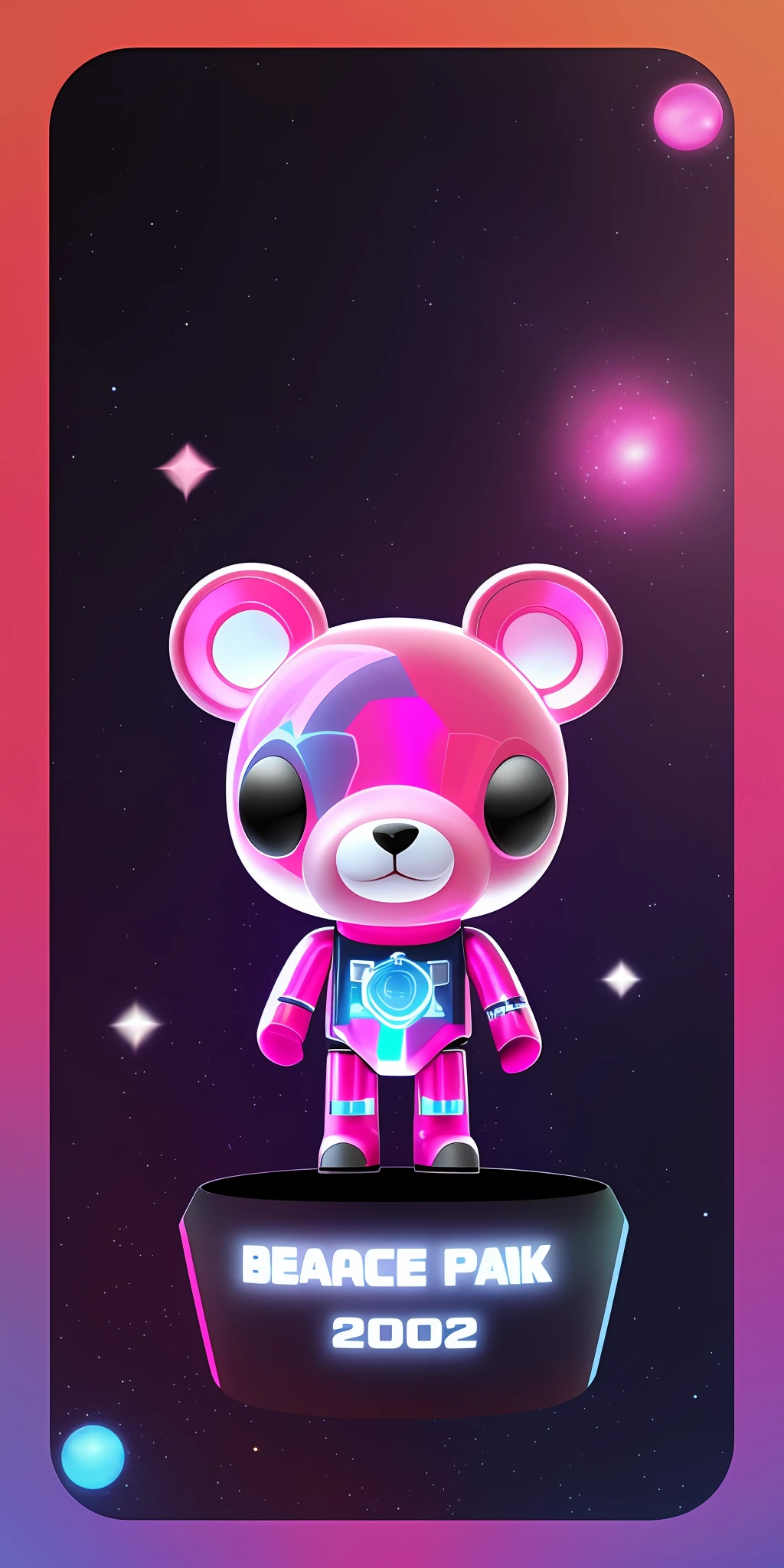 Cartoon bear with space background and text, bearbrick, as a full body funko pop!, pink iconic character, as a funko pop!, funko pop", year 2 0 4 0, 2 0 2 5 popstar comeback single, half robot half bear, glossy shiny reflective, holograph!!!, vinyl designer toy, detailled image, year 2050, holograph