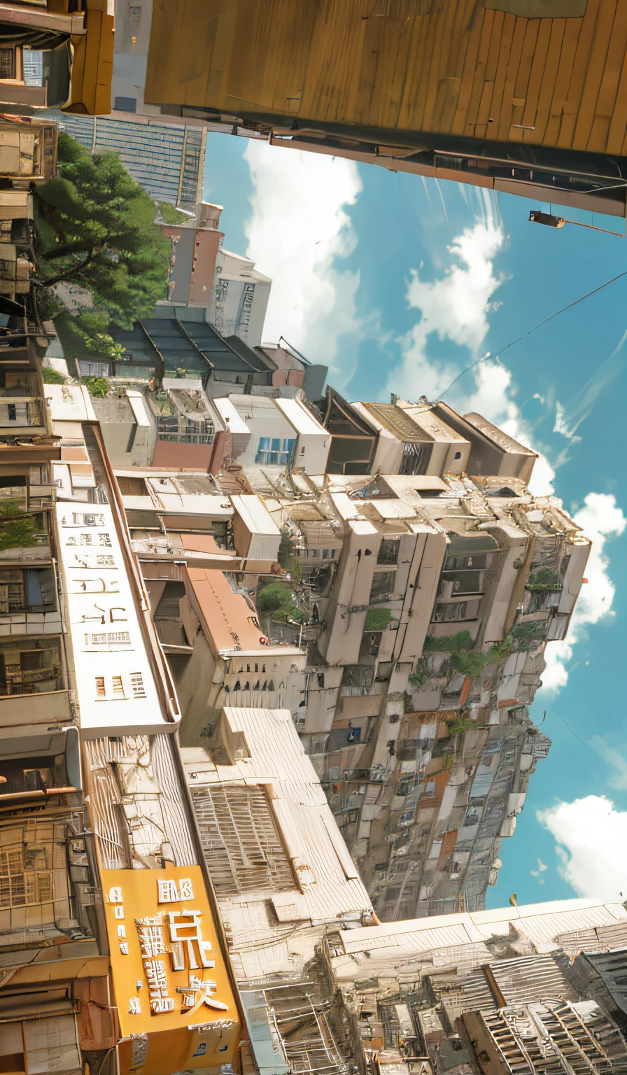 tall buildings in a city with a sky background, hong kong buildings, a still of kowloon, kowloon walled city style, Kowloon Walled City, the neat and dense buildings, Kowloon, kowloon cyberpunk cityscape, upside - down building, kowloon cyberpunk, street of hong kong, street of hong kong, tall buildings on the sides, look from down