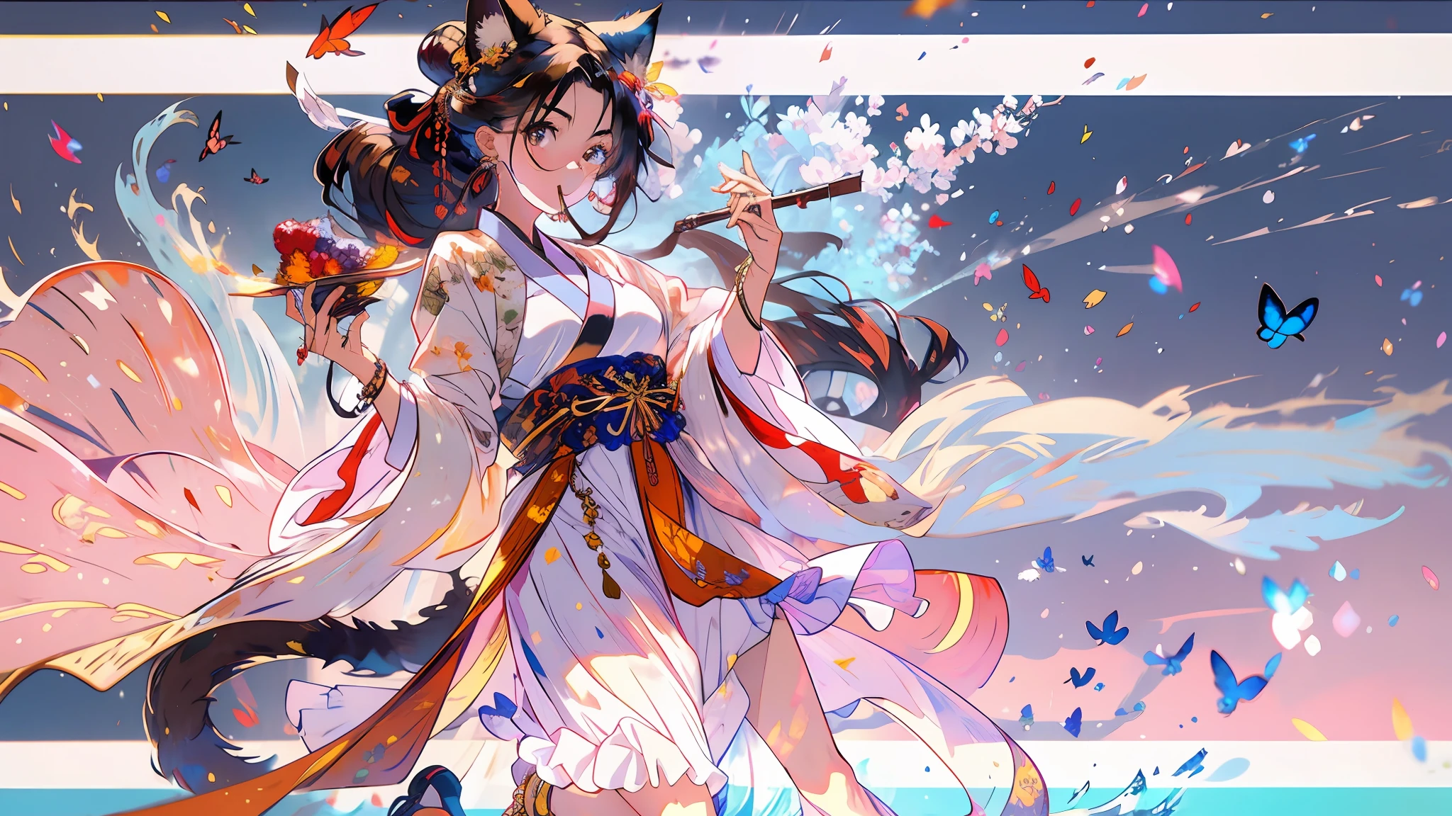 tmasterpiece,Need,Hanfu,Chinese costumes,1girll,Cat cat anthropomorphic,Fury,brunette color hair,Cat ears,cat paws,a cat tail,butterflys,The barefoot,独奏,hair adornments,sitted,Hanfu,Hanfu,Anklets,leafs,the fruits,jewelry,White background,longer sleeves,simplebackground,food,grapes, full bodyesbian, single hair bun,, hair stick, Wide sleeves, hair-bun, ssmile, intersection, looking at viewert, long whitr hair, Keep your mouth shut, putting hand up, florals, Take the leaves, A piano