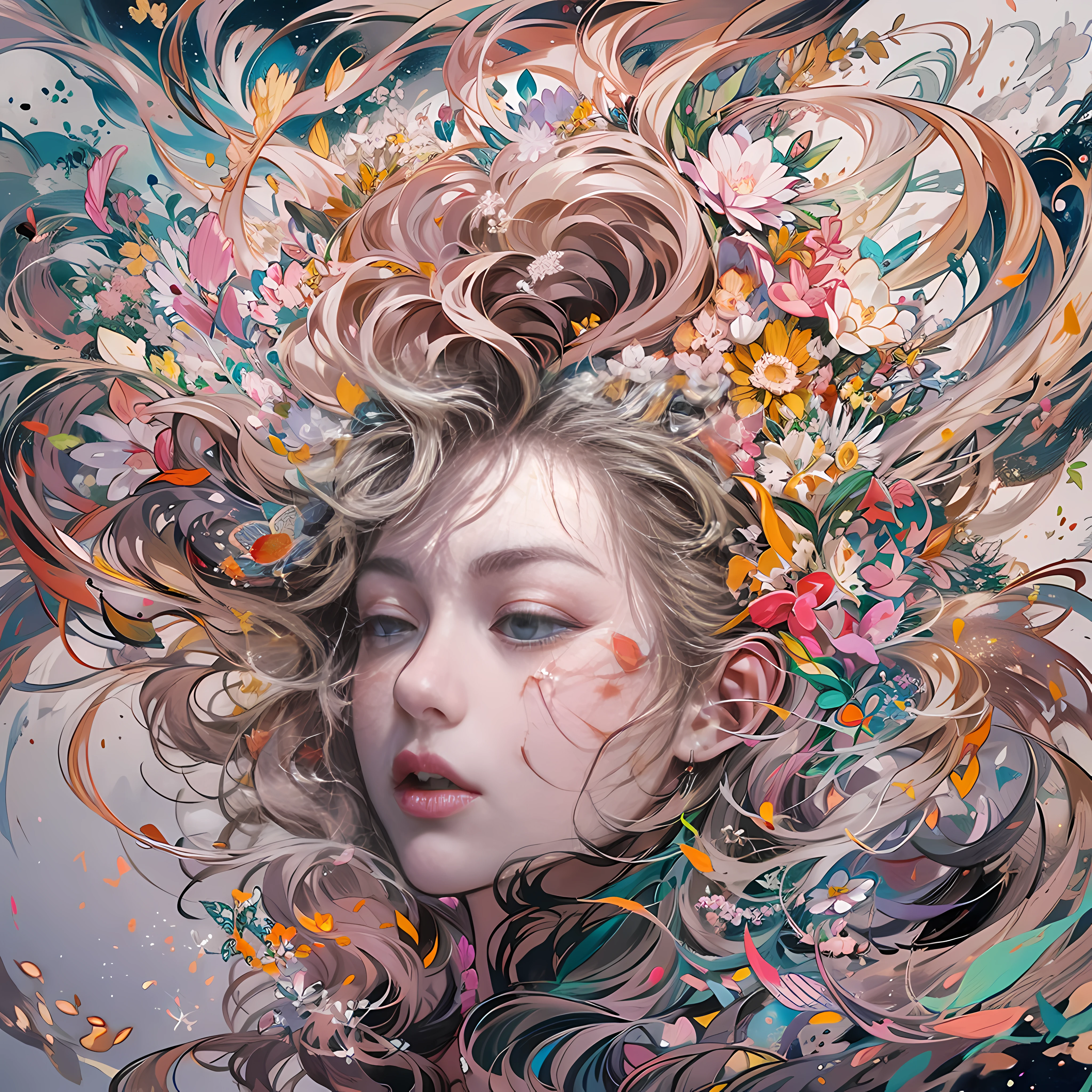 offcial art,统一 8k 壁纸,ultra - detailed,Beauty and aesthetics,tmasterpiece,best qualtiy,(zentangle,datura,Tangles,entangled),(s fractal art:1.3),1girl,The is very detailed,dynamic angle,cowboyshot,The most beautiful form of chaos,Elegant,Fauvist design,vivd colour,romanticism lain,James Jean,Robbie Devi Antono,ross tran,Francis Bacon,Michal Mraz,adrian ghenie,petra cortright,Gerhard Richter,Takato Yamamoto,Ashley Wood,Atmospheric,A note of ecstasy,streaming musical notes visible,no clothes are worn