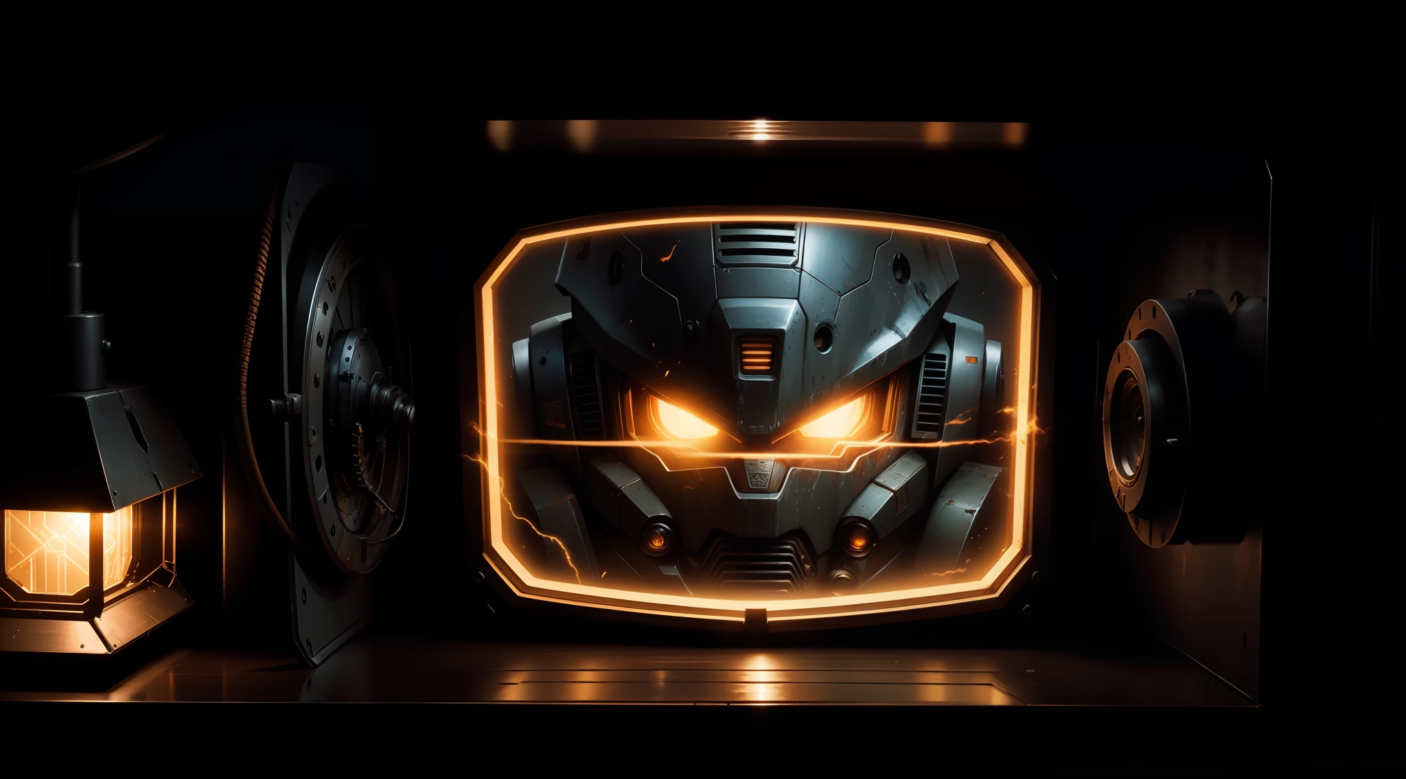 The light is dim，Mechanical，Rusty，Winding，with black background，Lots of detail，Hyper-realistic style，Transformers --auto