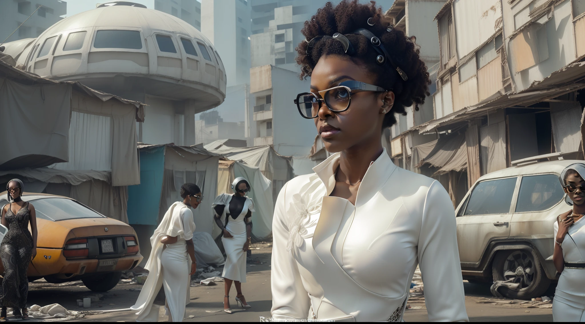 8k, ARTISTIC photography, best quality, masterpiece: 1.2), (realistic, photorealistic: 1.37`Movie still from johnny mnemonic movie directed by (Robert Longo), (cyber punk Corporate Executive, Black Girl, wearing futuristic one-eyed glasses ), beautiful face, ebony woman ((janelle monae)), over-detailed face, (((big open eyes))), beautiful body, voluptuous, perky breast (( dressed in a Futuristic minimalist couture business dress )), (((over-detailed clothing))), (((the color of the clothes is white))), posing, in a shanty town street as background,