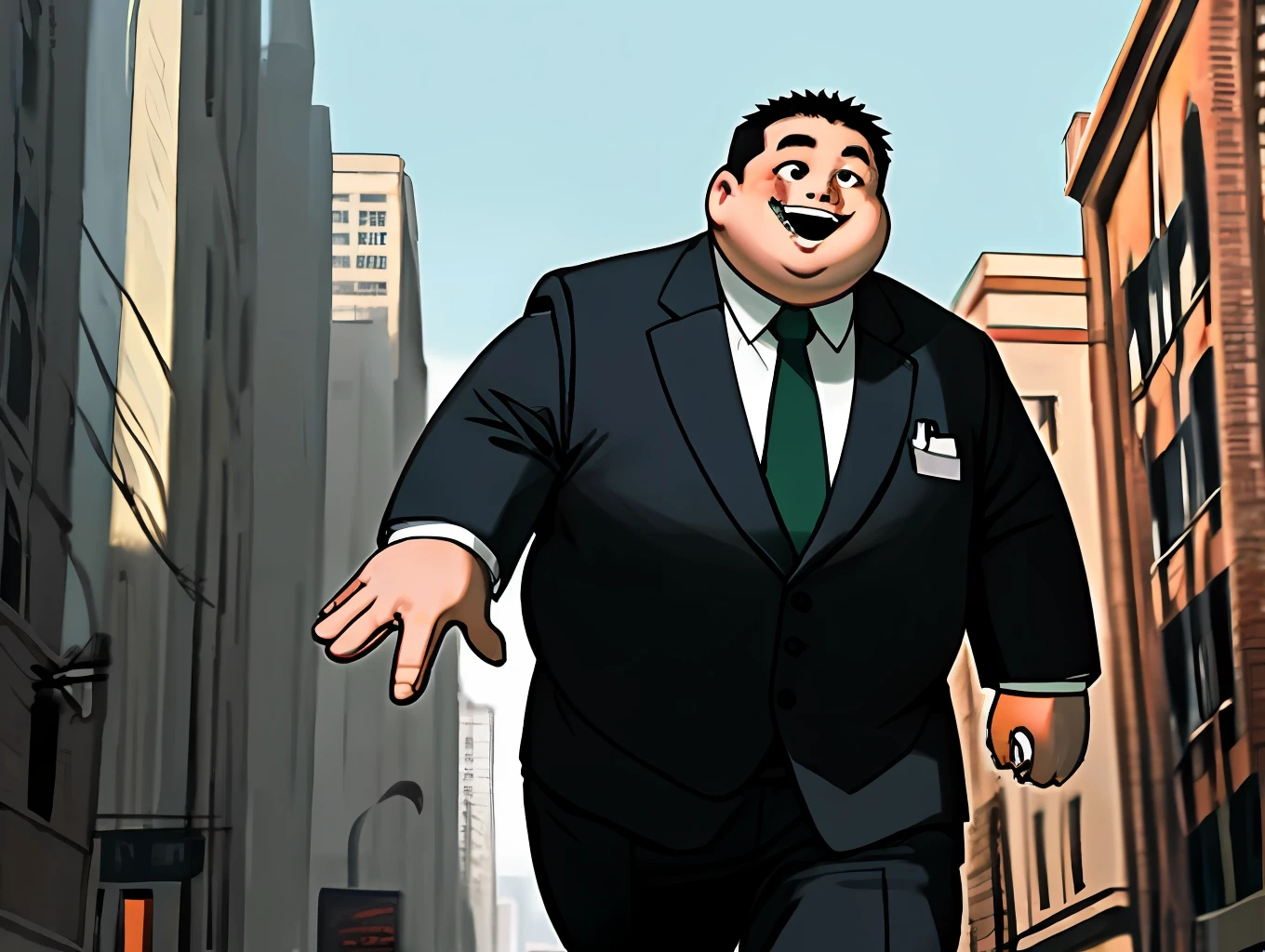 fat guy,Business suit,Buildings,Sinister laughter,to talk