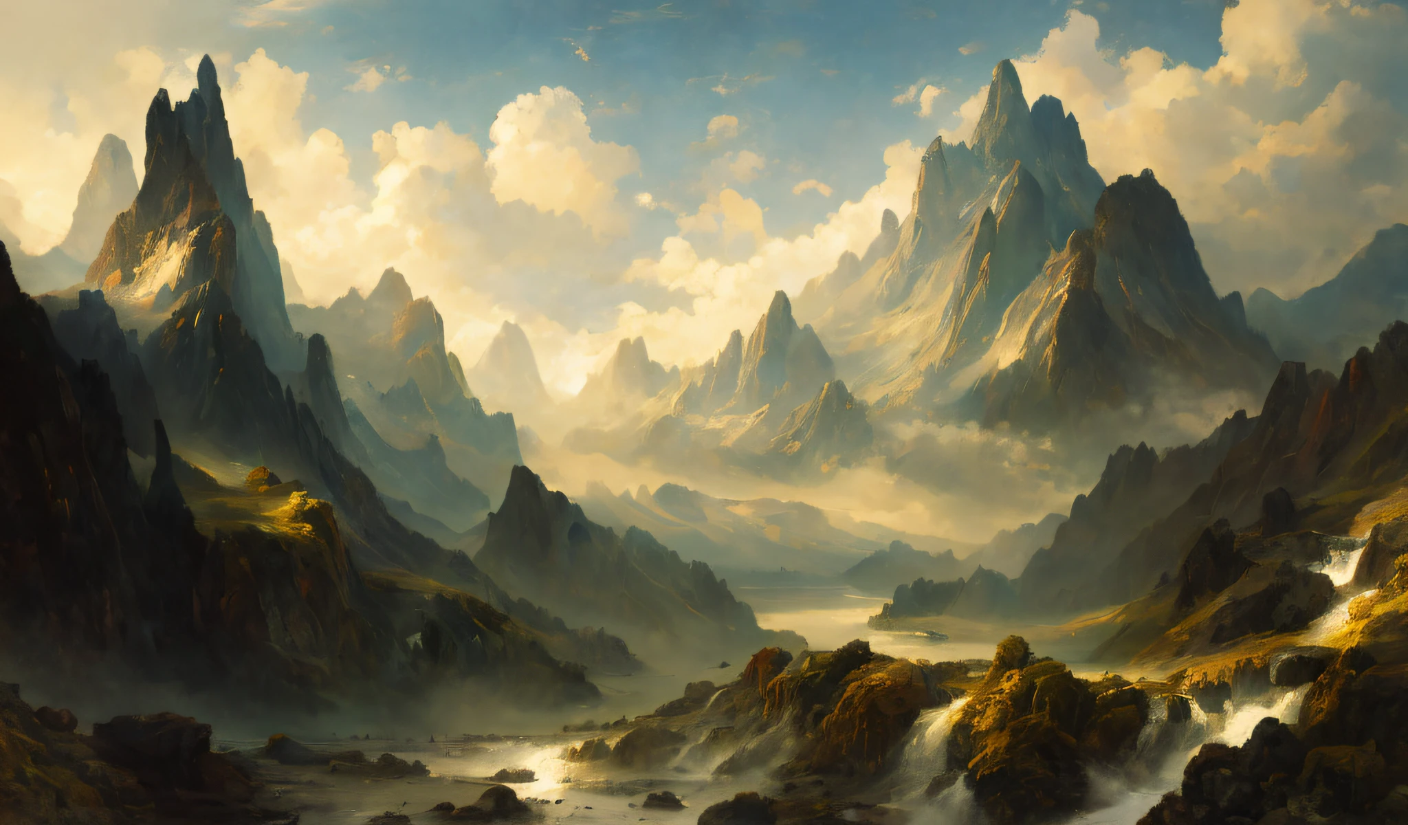 photo of a mountain scene with a lake and a mountain and a beach in the dark clouds background, lots of waterfalls, inspired by Thomas Moran, mountainscape, misty mountains, detailed digital painting, detailed soft painting, inspired, soft digital painting, high detail digital painting, low detailed. digital painting, painted in high resolution, 8 k resolution digital painting, 8k resolution digital painting, detailed painting 4 k, hyper realism