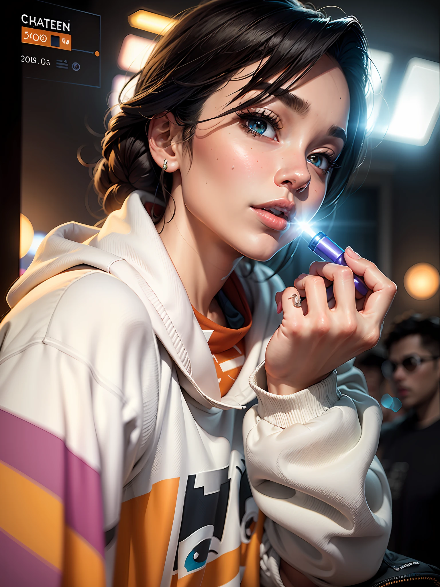 (tmasterpiece)+, (best qualtiy)+, (complexdetails)+, lens flare glow, Camera artifacts, Profesional photogarpher, 4K, shadowing, angle of view, by Pixar, Anime style, Chiaroscuro, Cinematic lighting, 8K, Super detail, ccurate, Best quality, A high resolution, High quality, Textured skin, Masterpiece, ccurate, retinas, Anatomically correct, Super detail, High details, hyper HD,anime big breast,illustration,Sweatshirt,Lipstick in hand,The finger structure is correct