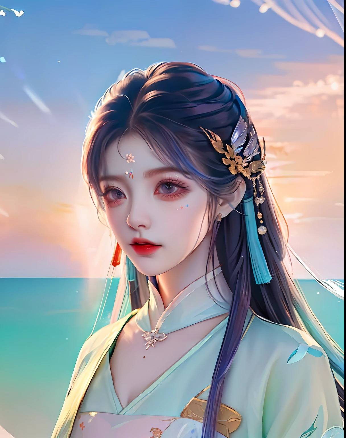 (8k, RAW photo:1.2), best quality, ultra high res,dramatic angle,(fluttered detailed color splashs), (illustration),(((1 girl))),(long hair),(rain:0.9), (头饰:1.4),少女身边有一座古宫,汉服,(重点),彩色水墨画,(泼彩),泼彩,(((colorful))),(素描:0.8) , Masterpiece, best quality, beautiful painted, highly detailed,(denoising:0.6),[splash ink],((ink refraction)), (beautiful detailed sky),moon,highly,detaild,(masterpiece, best quality, extremely detailed） CG unity 8k壁纸，杰作，最好的质量，超详细），（石蒜），