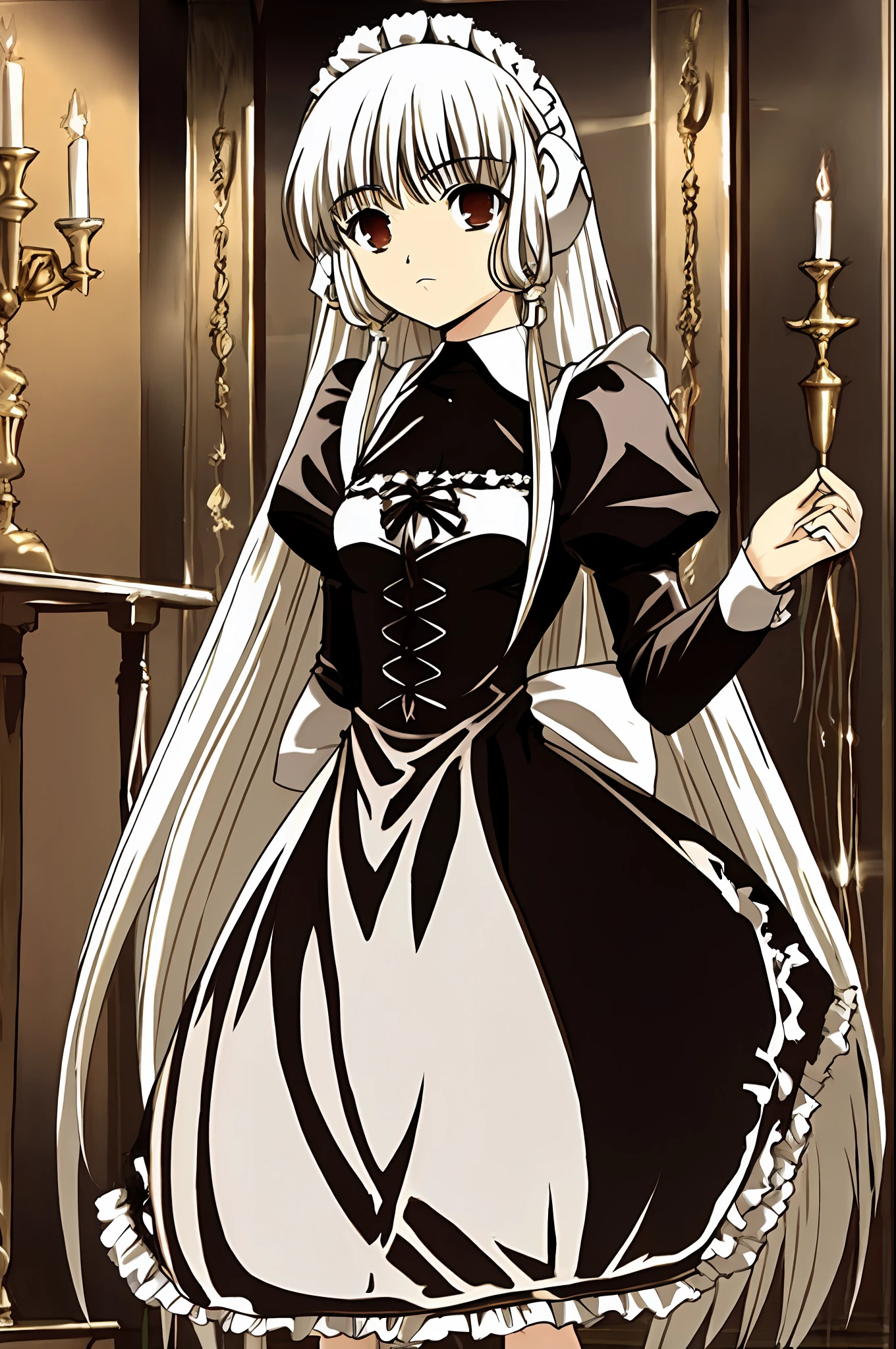 Masterpiece, Best quality, Highly detailed, A high resolution, hdr,
chobits, chii, insensibility,
1girll, Solo, bangs, Bare shoulders, Breasts, Brown eyes, Clamp \(circle\) \(Style\), Platinum blonde hair, Very long hair, robot ears, Small breasts, hair tubes,
maid, maid headdress, maid apronl, Victorian maid, Maid dress,
MKSKS style, Beautiful background, Detailed background, professional lightning, mansion, indoor, gold ornaments, gold, Gold effect,