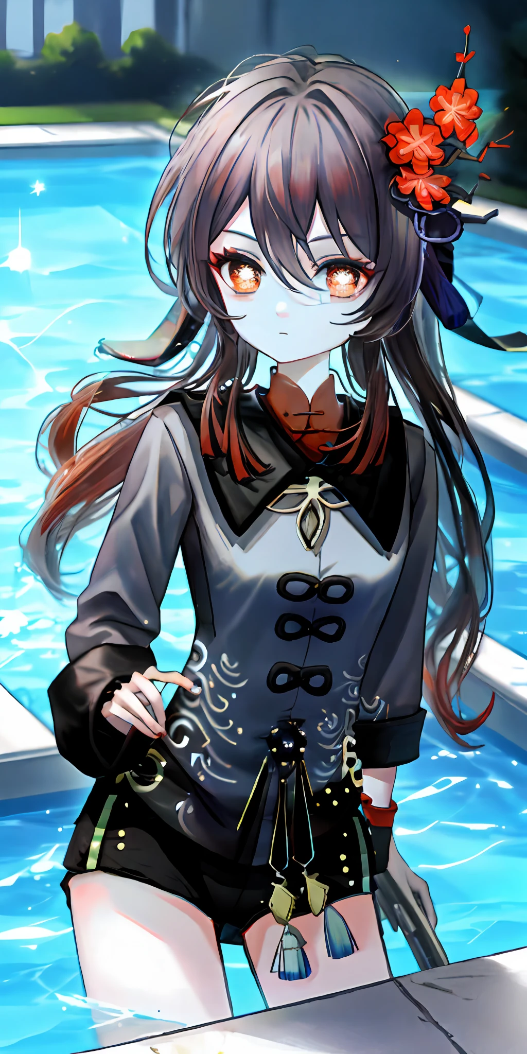 Masterpiece, Hu Tao, detailed eyes, ultra detailed, pool background, swimsuit, sweeting