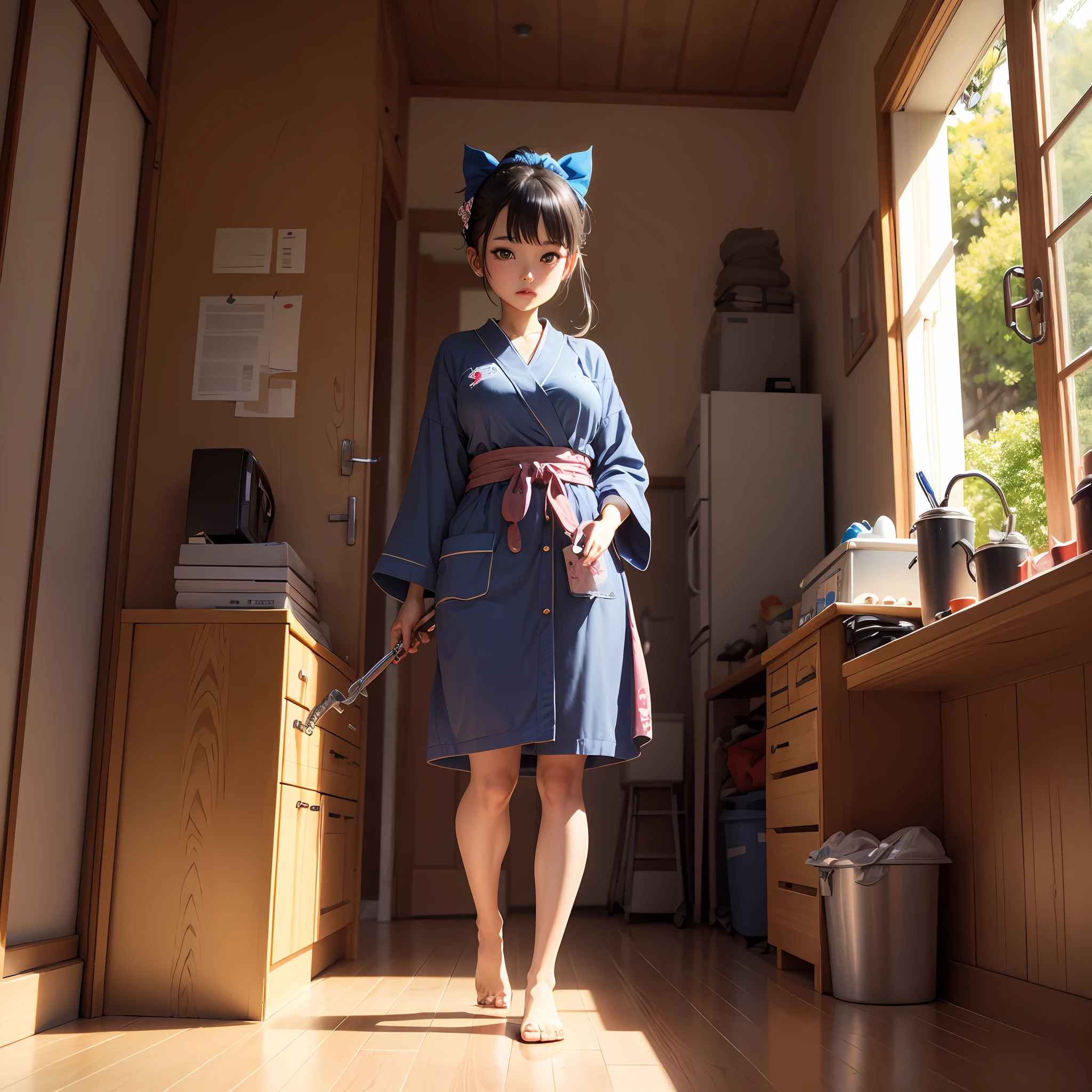 Cartoon girl in blue robe with wrench and wrench, japanese mascot, negao, wearing plumber uniform, no gradien, mitsumayo, inspired by Takehisa Yumeji, 3D model of a Japanese mascot, Mechanic, tchibi, Zengetsu, full body mascot, Official illustration, chiho, Loli, Japanese, Shiga Yellow Hard Hand - --auto
