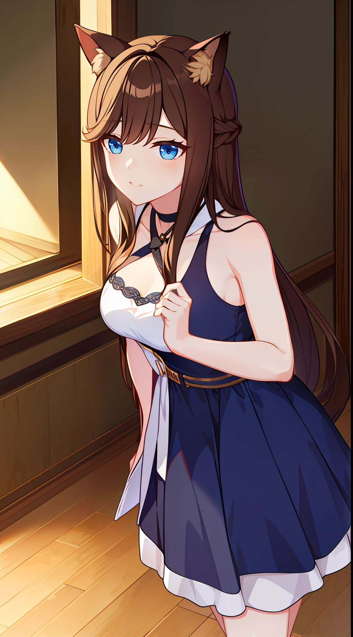 young girl, Long brown hair, cat ears, blue eyes, light dress, Sleeveless, Masterpiece, hiquality