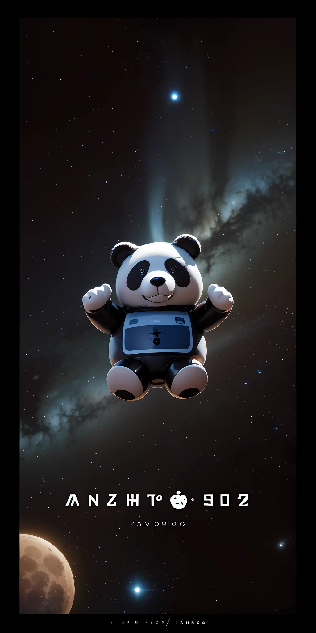 Close-up of cartoon bear with space background, bearbrick, inspired by Zhu Da, a panda in space, moon bear samurai, vinyl designer toy, 2023 4K, as a full body funko pop!, wallpaper - 1 0 2 4, half robot half bear, funko pop", vinyl toy figurine, high detail iconic character