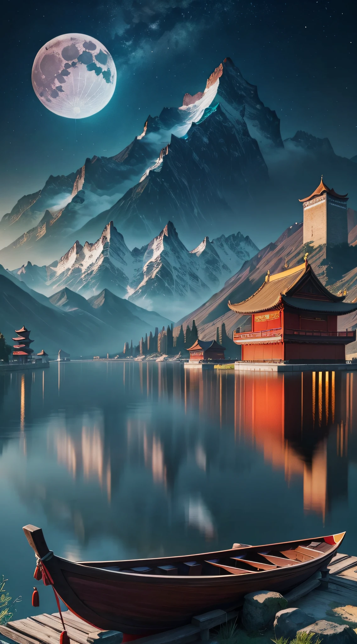 China-style，There are boats on the lake，Bright moon，mountain peaks，A bridge，A tower，Faraway view，8k，hyper HD --auto