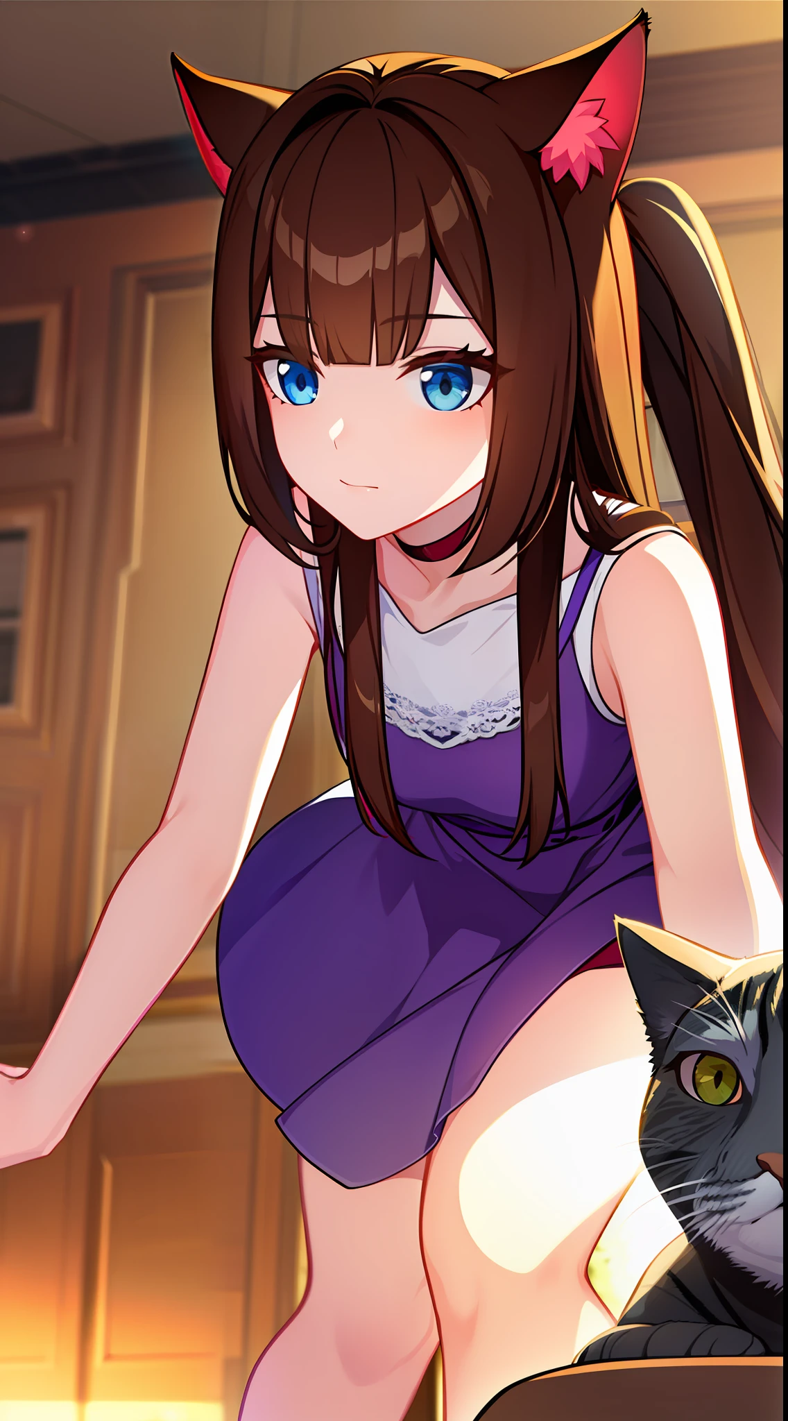 young girl, Long brown hair, cat ears, blue eyes, light dress, Sleeveless, Masterpiece, hiquality