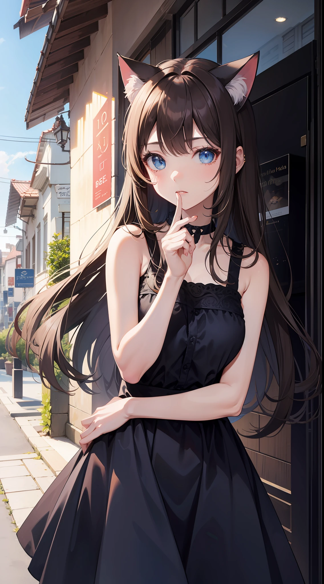 young girl, Long brown hair, cat ears, blue eyes, light dress, Sleeveless, Masterpiece, hiquality