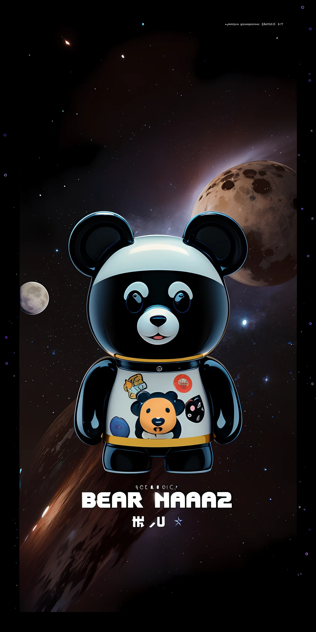 Close-up of cartoon bear with space background, bearbrick, inspired by Zhu Da, a panda in space, moon bear samurai, vinyl designer toy, 2023 4K, as a full body funko pop!, wallpaper - 1 0 2 4, half robot half bear, funko pop", vinyl toy figurine, high detail iconic character