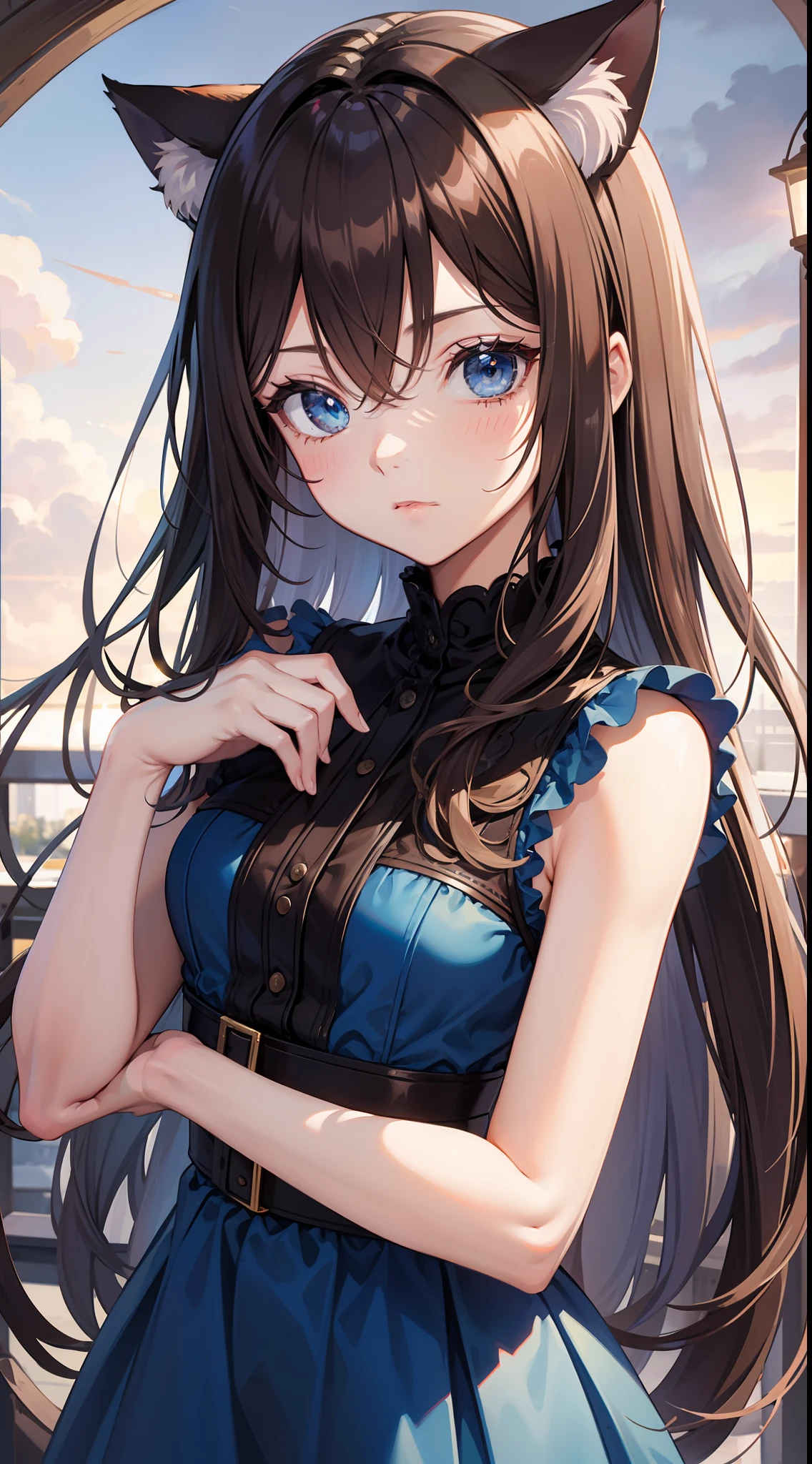 young girl, Long brown hair, cat ears, blue eyes, light dress, Sleeveless, Masterpiece, hiquality