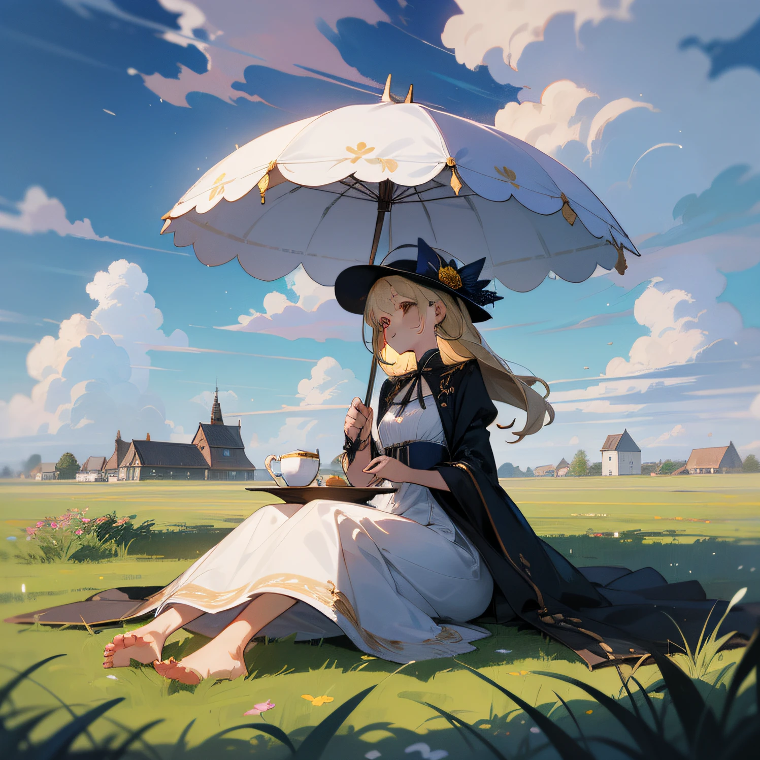 A beautiful girl in a black European dress sits on an empty lawn,horizon,with blue sky and white clouds,Small tea house,Delicate teacups,and the sun was shining brightly,rainbowing,large environment,the detail,big vista,No buildings,Drinking tea,With a veil,A large parasol stuck to the ground,Need,tmasterpiece,Masterpiece,animemanga girl,blond hairbl,Barefoot