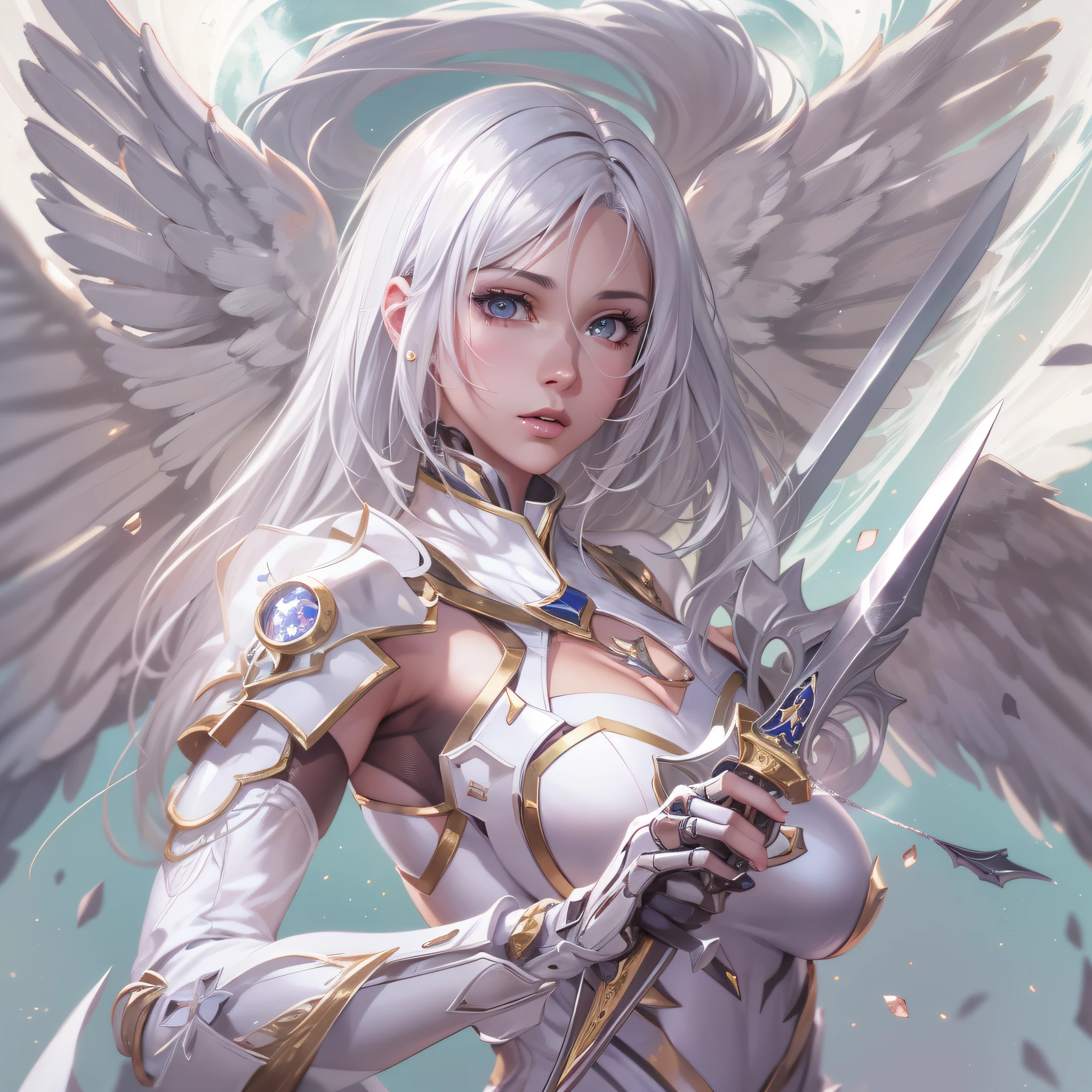 a woman in a costume with a sword, beautiful cyborg angel girl, extremely detailed artgerm, anime goddess, knights of zodiac girl, white haired deity, pin on anime, anime fantasy artwork, beautiful alluring, anime woman, female action anime girl, perfect android girl, cyborg goddess in cosmos, artgerm on artstation pixiv, centered, negative_space