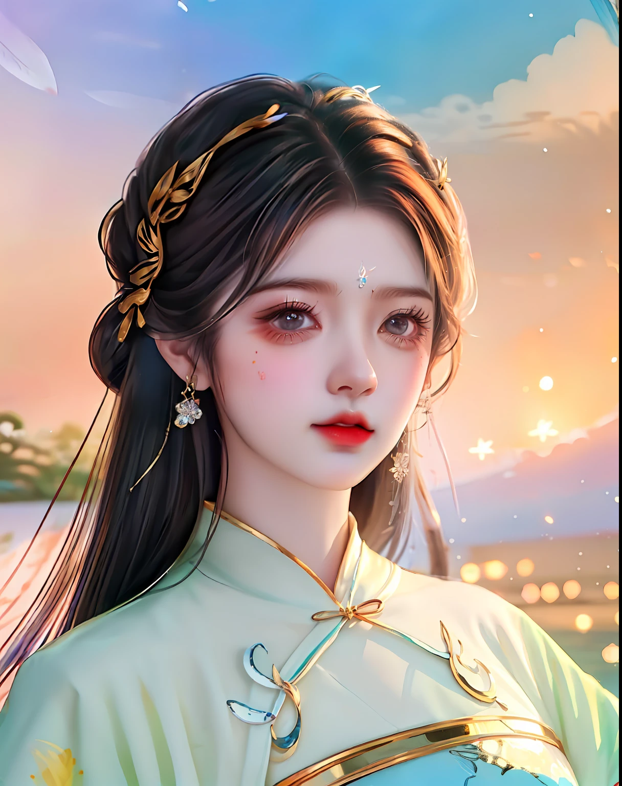 (8k, RAW photo:1.2), best quality, ultra high res,dramatic angle,(fluttered detailed color splashs), (illustration),(((1 girl))),(long hair),(rain:0.9), (头饰:1.4),少女身边有一座古宫,汉服,(重点),彩色水墨画,(泼彩),泼彩,(((colorful))),(素描:0.8) , Masterpiece, best quality, beautiful painted, highly detailed,(denoising:0.6),[splash ink],((ink refraction)), (beautiful detailed sky),moon,highly,detaild,(masterpiece, best quality, extremely detailed） CG unity 8k壁纸，杰作，最好的质量，超详细），（石蒜），
