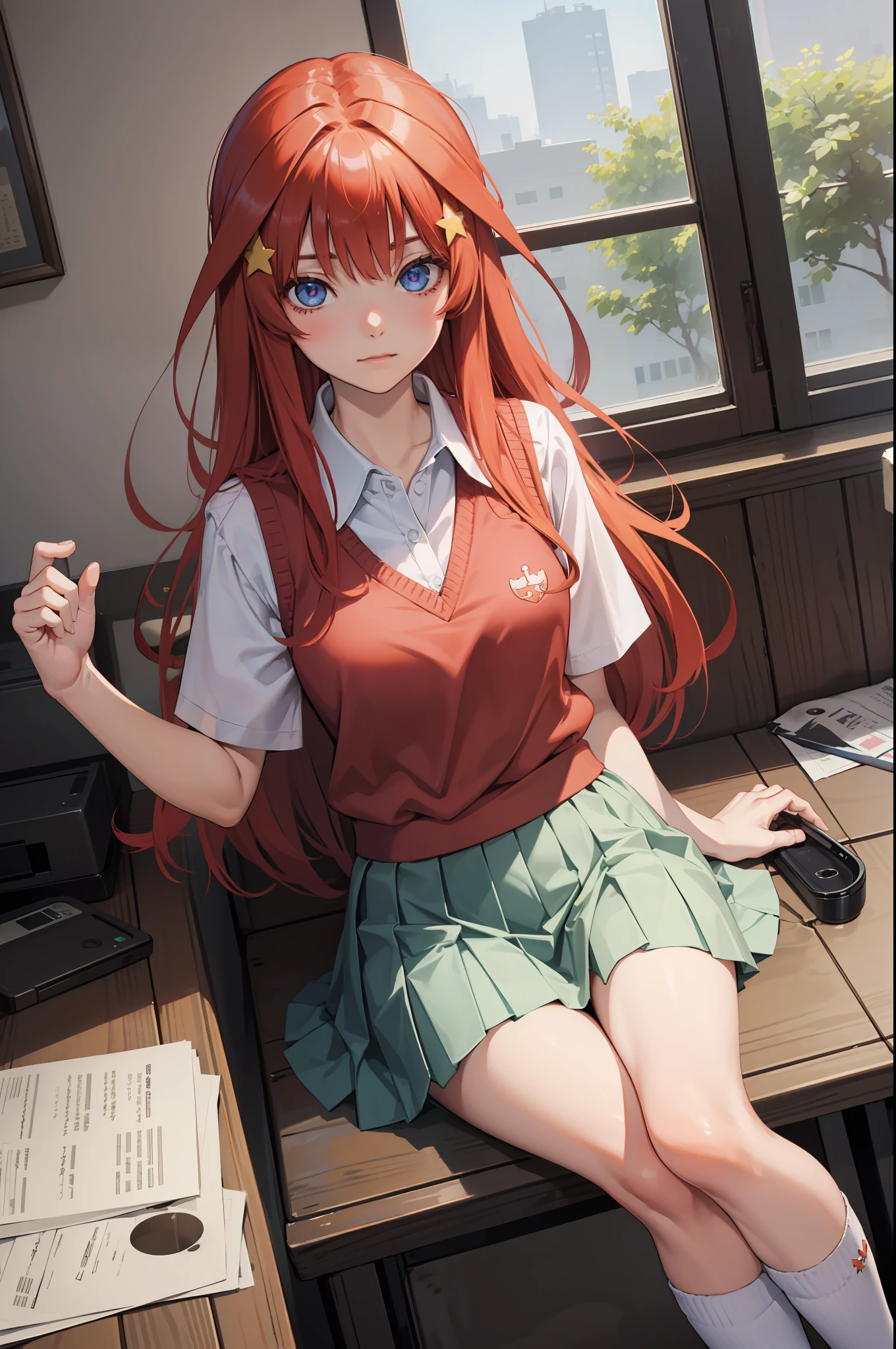Satsuki Nakano, Itsuki Nakano, Bangs, Blue eyes, hair between eye, Ahoge, Red hair, Star \(symbol\), Hair Ornament, Star hair ornament,
BREAK skirt, Shirt, School uniform, 鎖骨, White shirt, Short sleeves, Pleated skirt, sox, Collared shirt, Miniskirt, knee high, White socks, Green skirt, Sweater Vest, Red Sweater Vest,
Break indoors, School, crass room,
BREAK looking at viewer, BREAK (masutepiece:1.2), Best Quality, High resolution, Unity 8k壁纸, (Illustration:0.8), (Beautiful detailed eyes:1.6), extra detailed face, Perfect Lighting, extremely details CG, (Perfect hands, Perfect ???????),