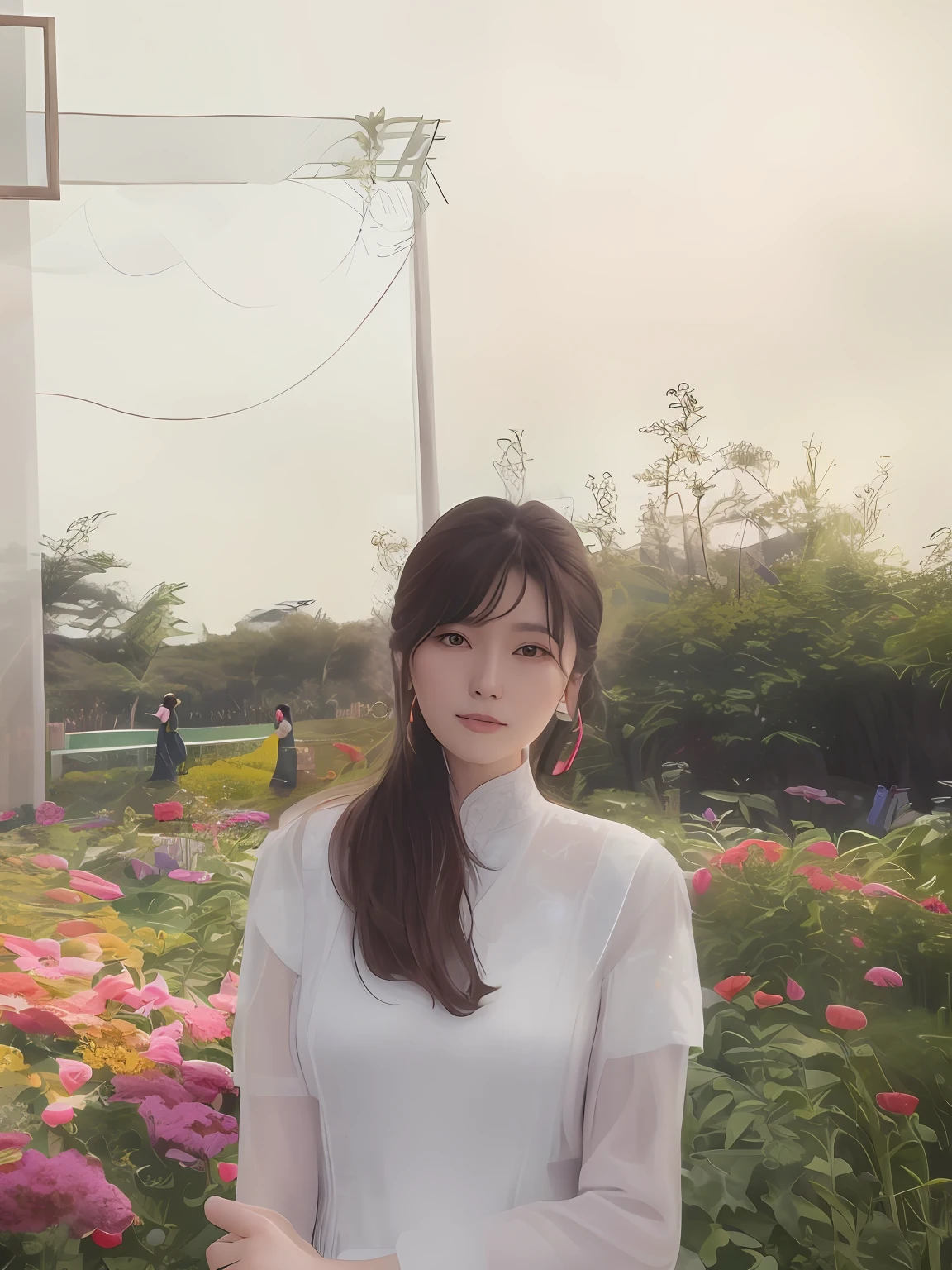 There was a woman standing in the garden,There are flowers, xintong chen, zmonzheng, wenfei ye, inspired by Ma Yuanyu, chengyou liu, Middle metaverse, Li Zixin, xision wu, ulzzangs, jinyiwei, Lin Qifeng, Cai Xukun, xue han, very very low quality
