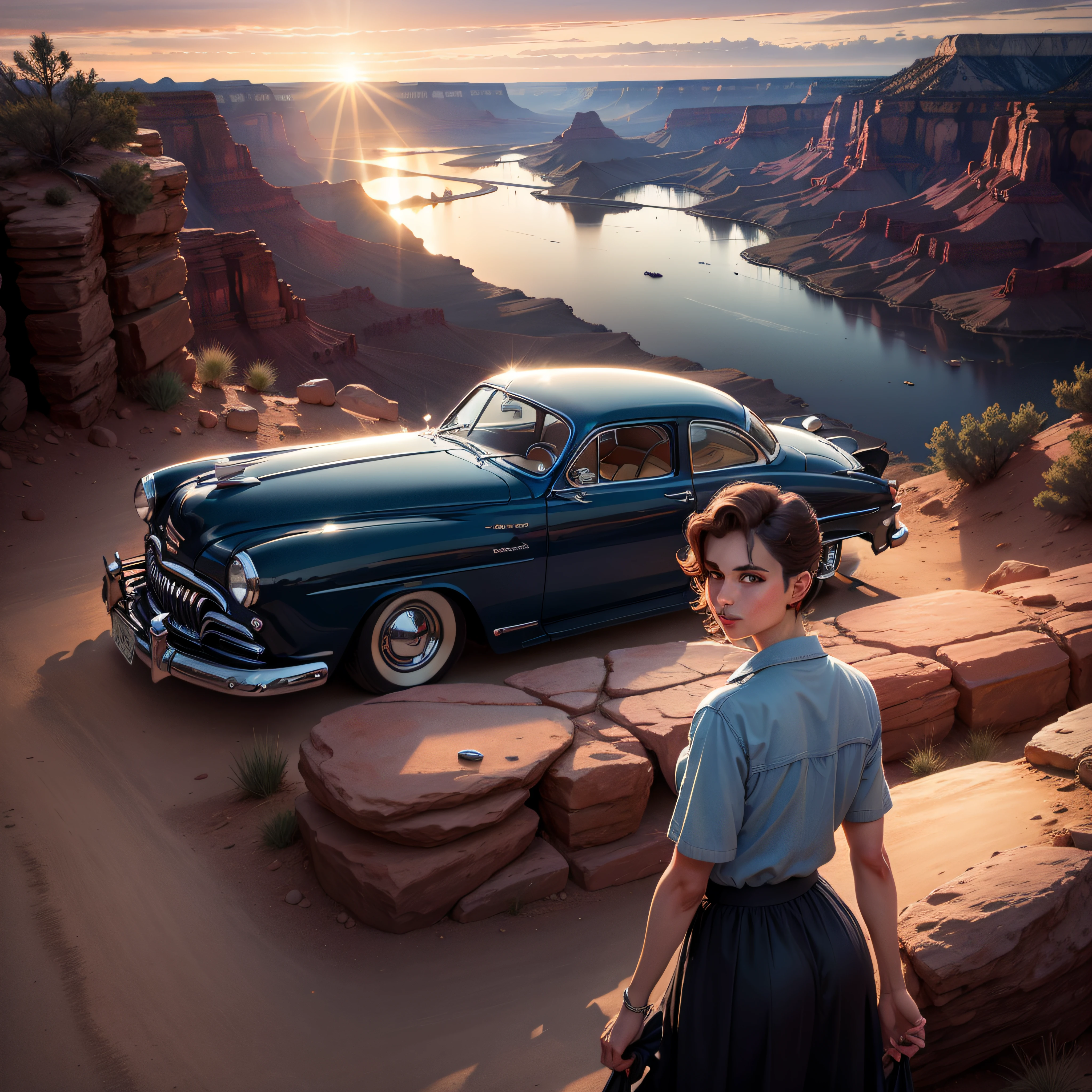 Mercury Eight 1949 Dark blue in the Grand Canyon with a sunset --auto
