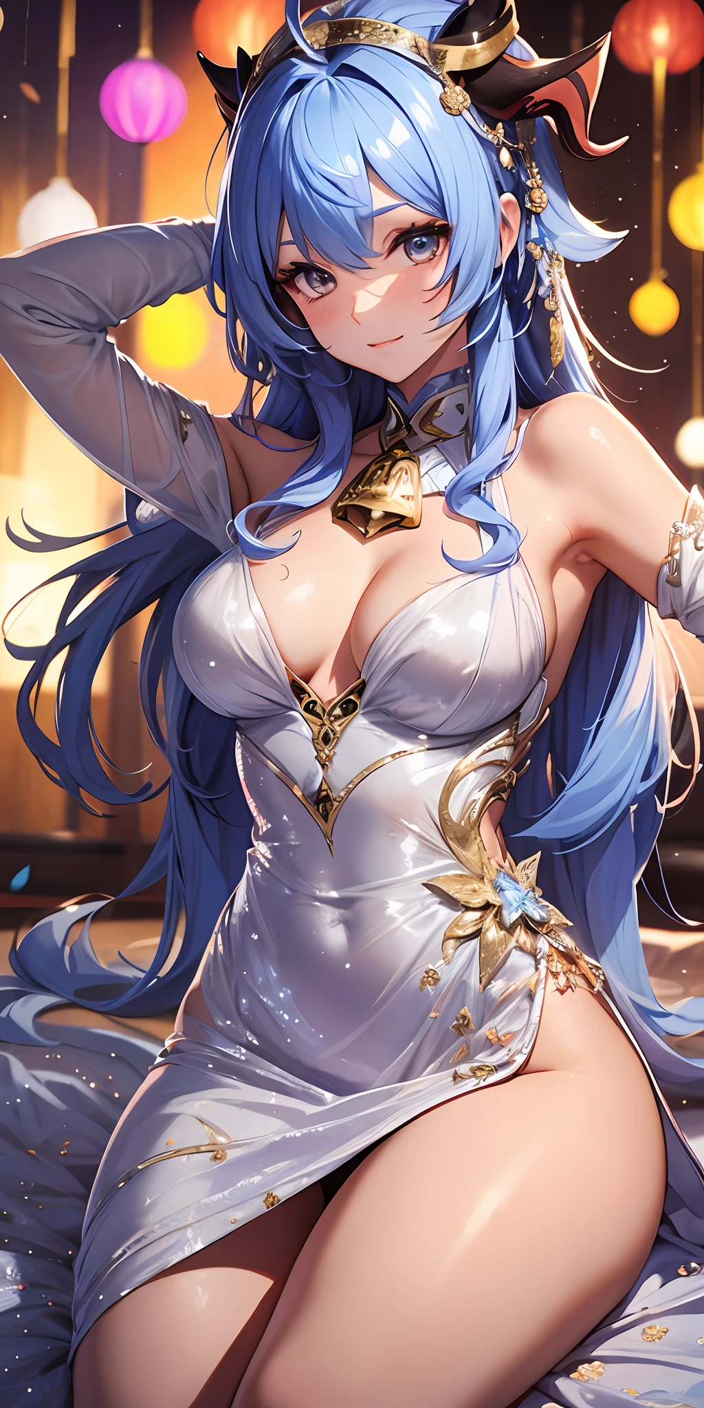 Beautiful girl, wearing a sexy white-blue sequin party dress, ganyudef.