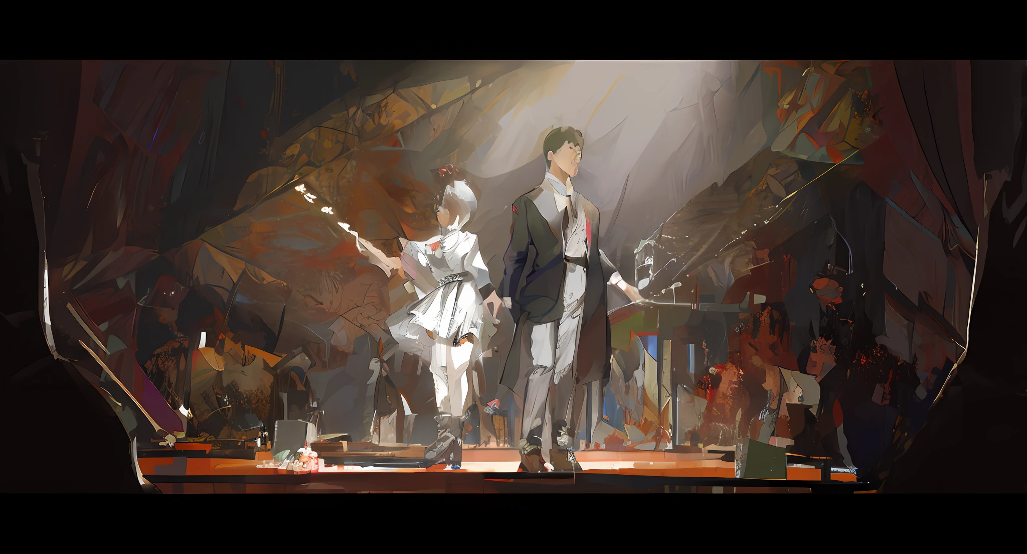 Two men stood on stage to make a curtain call,Surrounded by orchestras， rob rey and kentaro miura style, rob rey and kentarõ miura style, emotional concept art, akehiko inoue and ross tran, author：New Art, rob rey and kentarõ miura, Fan art, !dream concept art，cinematic style，photorealestic