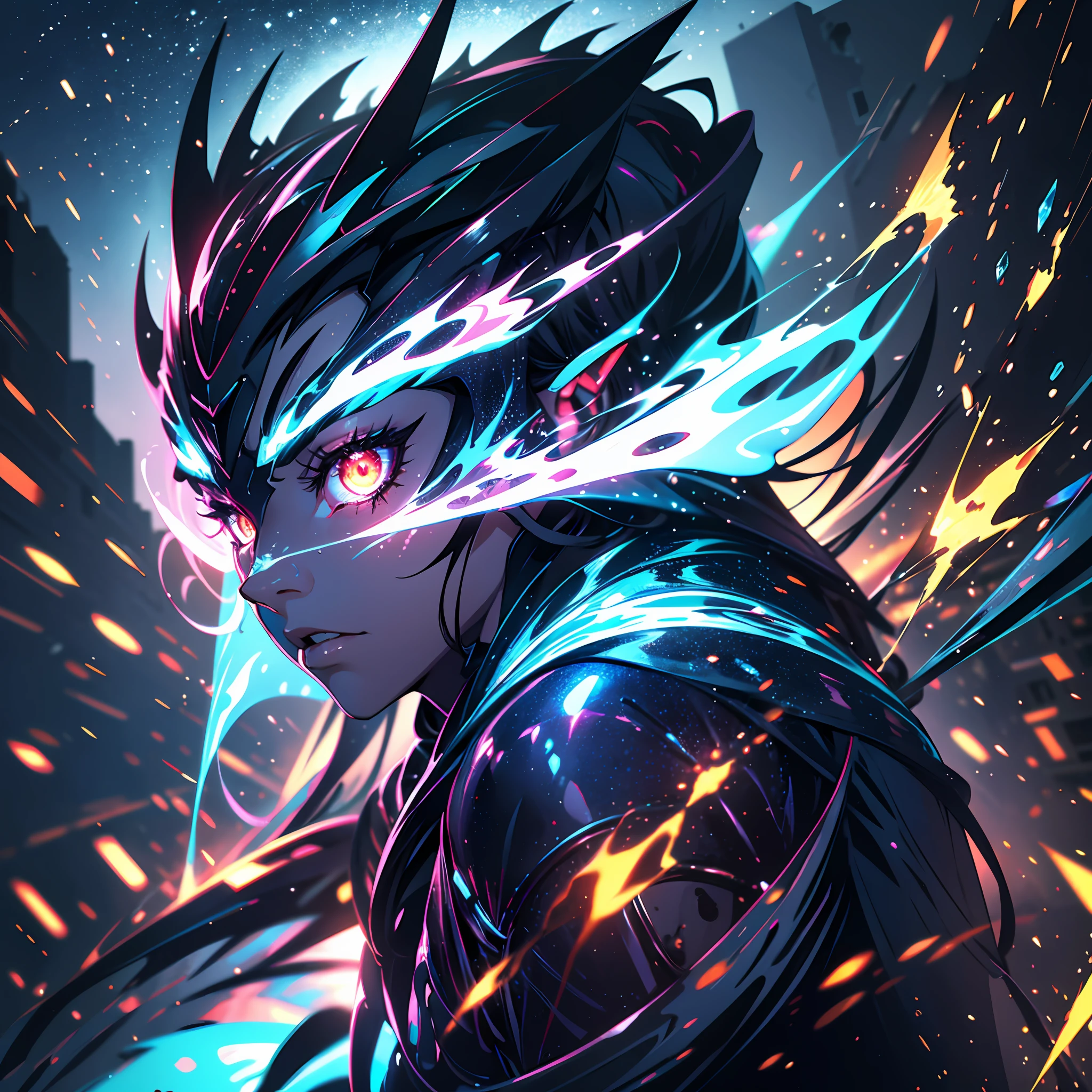 (absurdres, highres, ultra detailed),Anime humanoid monster, close up shot, creating a crack in reality, powerful aura, destroyed city,dark,nightAnime humanoid monster, glowing eyes,eye glare, monochrome, close up shot, creating a crack in reality, powerful aura, destroyed city,dark,night,8k,64k, HD, unparalleled masterpiece, dynamic lighting, cinematic, Ambient lighting, epic,