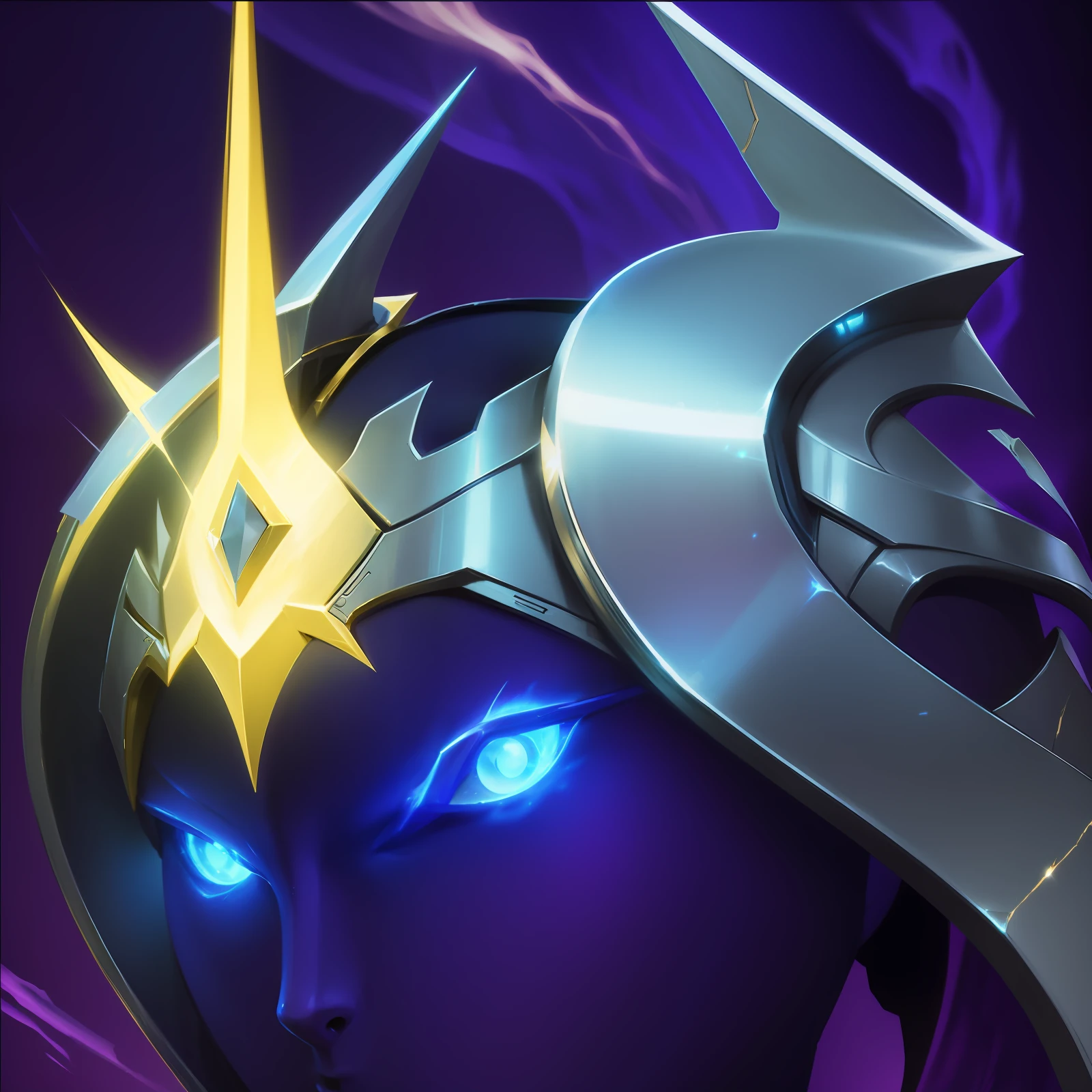 8K,Real materials,HD detail textures,Close up of purple and blue background,The head is shiny, epic legends game icon, Avatar image, purple glowing core in armor, Aurelion Sol, league of legends arcane, darkness aura, character icon, shinning armor, leblanc, astri lohne, discord profile picture, arcane art style, arcane league of legends, The sword, Protoss