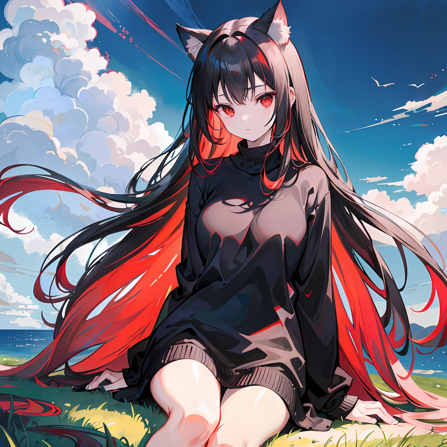 whaite hair,Red eyes,long whitr hair,Black sweater,Cat lady,Extremely detailed CG quality,Best light and shadow performance,Frivolous posture,Fresh and natural scene,large grassland,A gentle breeze,waves crashing,Light and shadow interlace,An exquisite and moving adventure。