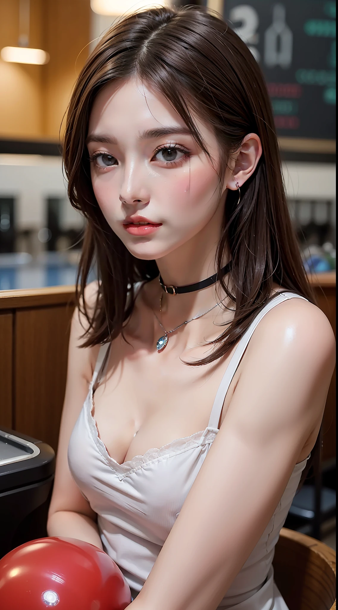 masterpiece、top-quality、Raw photo、Photorealsitic、hugetits、face lights、shinny skin、hight resolution、super detailing、Black Choker、Brown hair、Medium Hair、Bowling