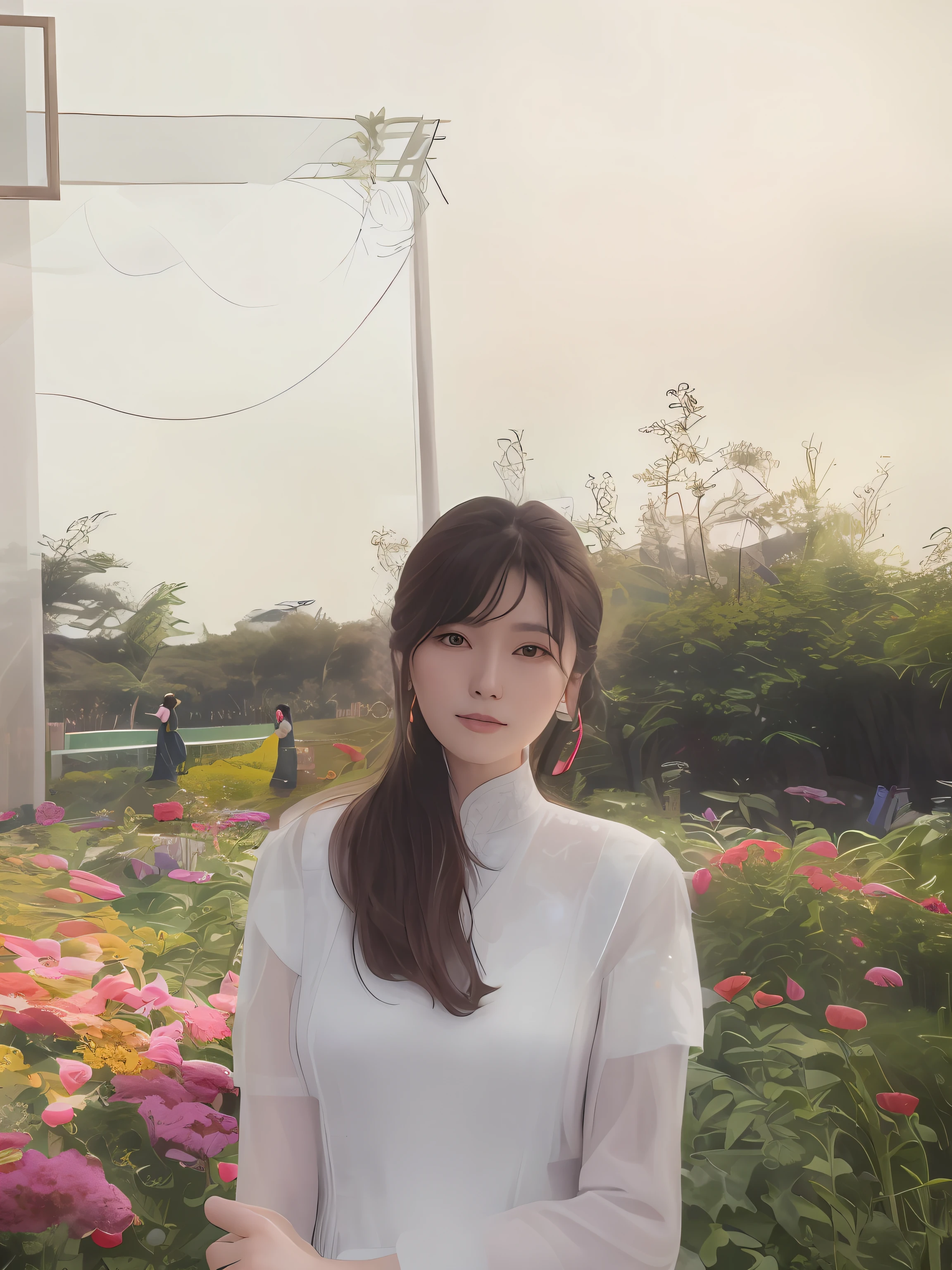 There was a woman standing in the garden，There are flowers, xintong chen, zmonzheng, wenfei ye, inspired by Ma Yuanyu, chengyou liu, Middle metaverse, Li Zixin, xision wu, ulzzangs, jinyiwei, Lin Qifeng, Cai Xukun, xue han, very very low quality