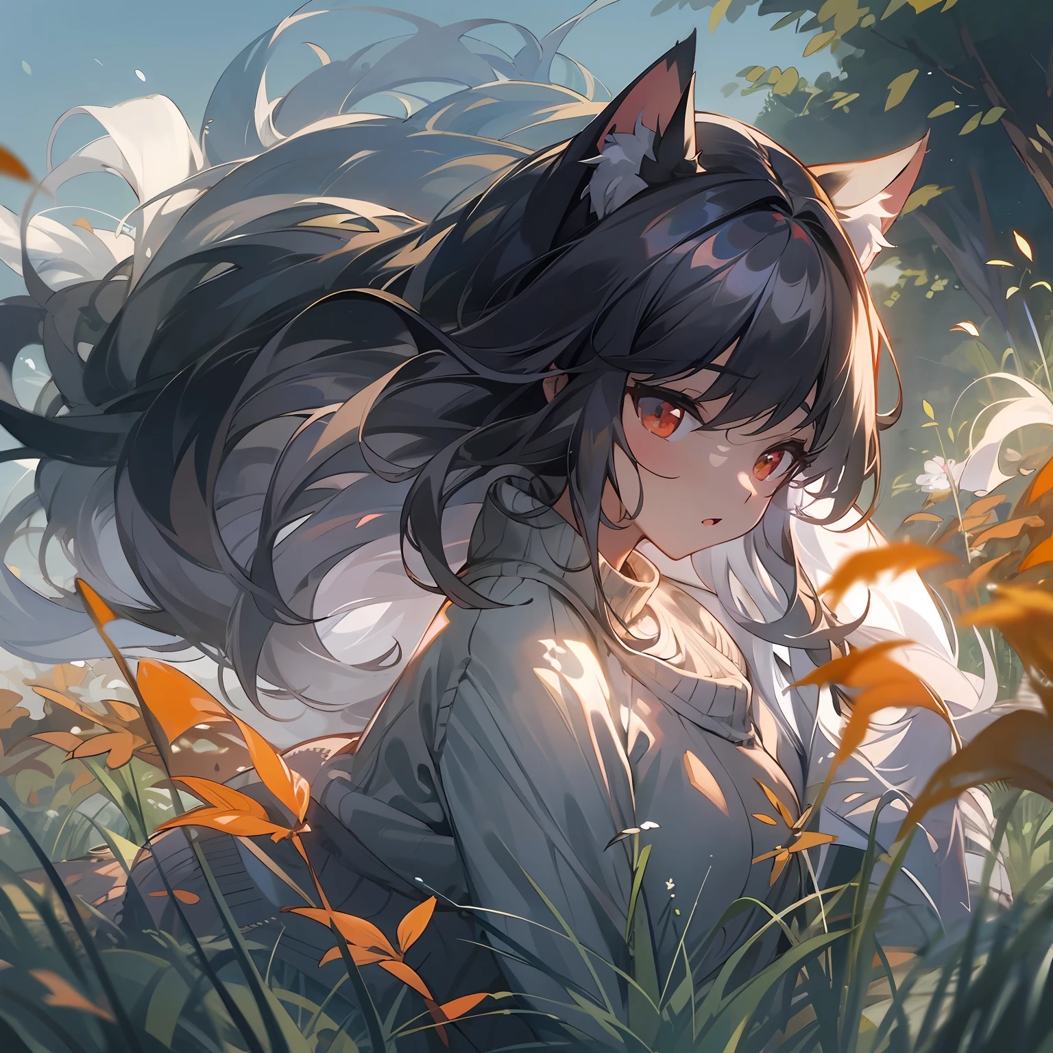 whaite hair,Red eyes,long whitr hair,Black sweater,Cat lady,Extremely detailed CG quality,Best light and shadow performance,Light floating stance,Fresh and natural scene,large grassland,A gentle breeze,Waves crashing,Light and shadow interlace,A delicate and moving adventure。