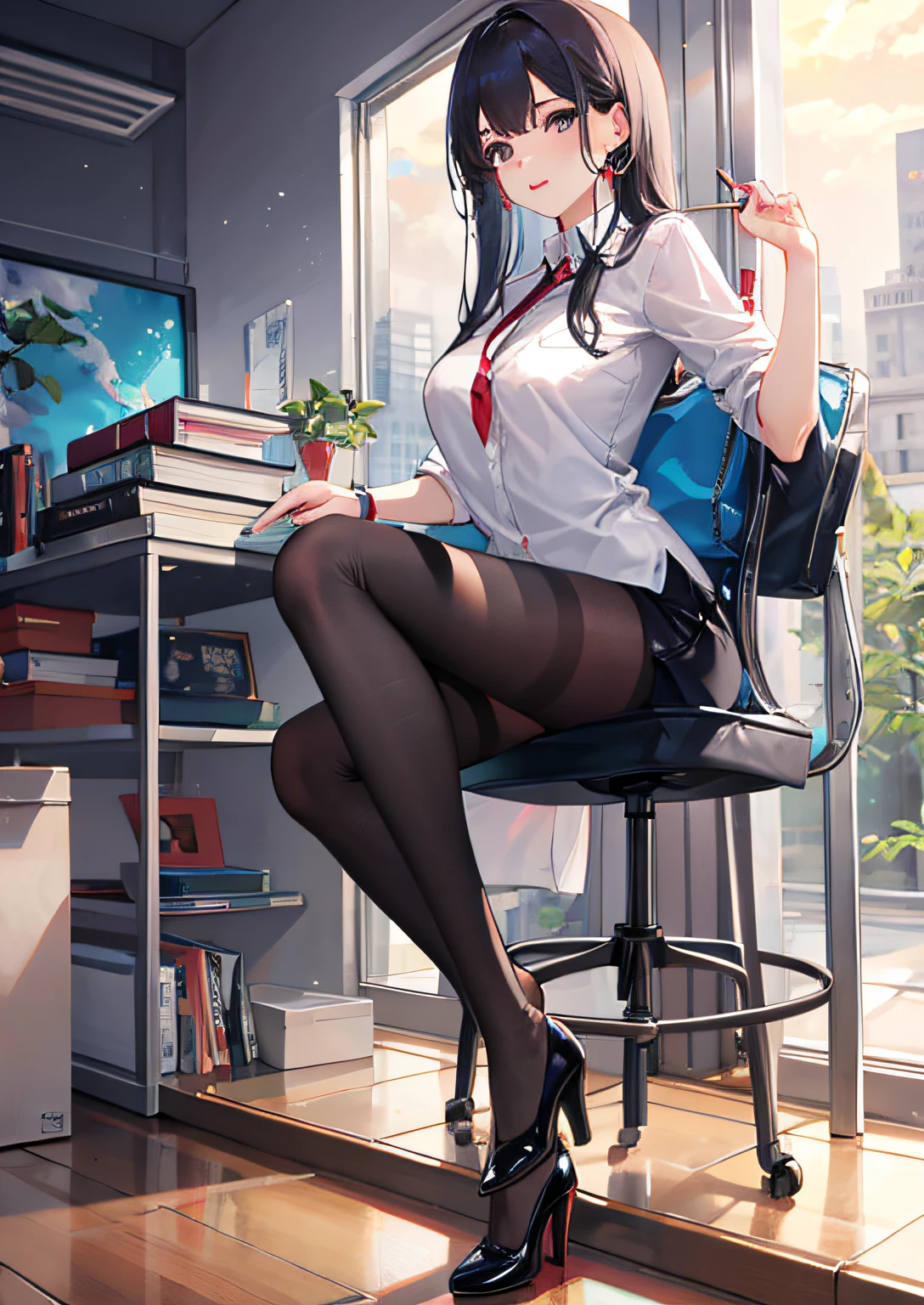 穿着超短裙和接缝丝袜的美丽性感秘书全身照片，stands_straight, ((solo)), adult, in the office, high heels, craves, strokes_herself