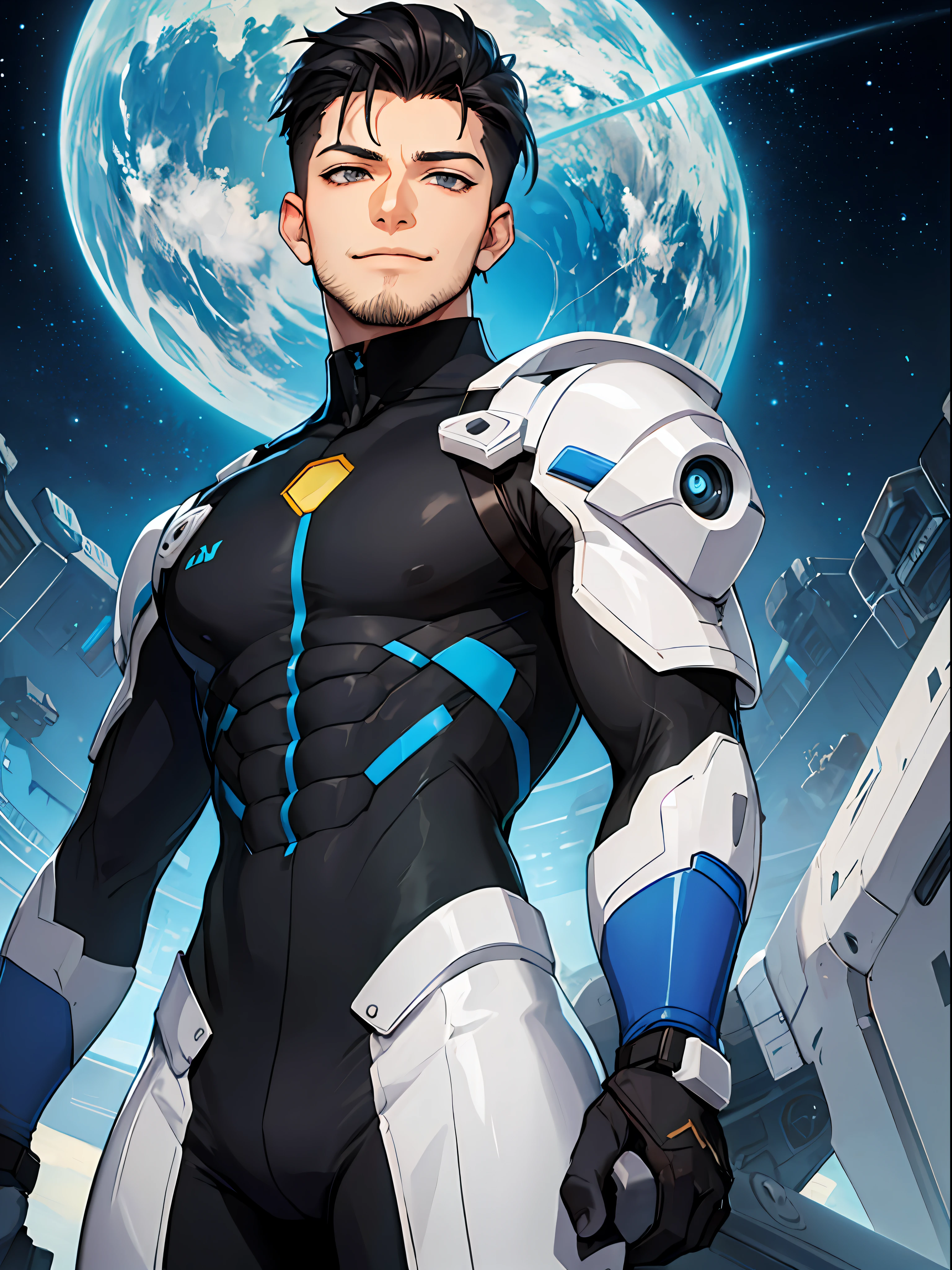 1male, mature male, (undercut), black hair, (grey eyes:1.2), [beard:stubble:0.25], smirk, black bodysuit, science fiction, sci-fi, cosmic background, (2D), anime