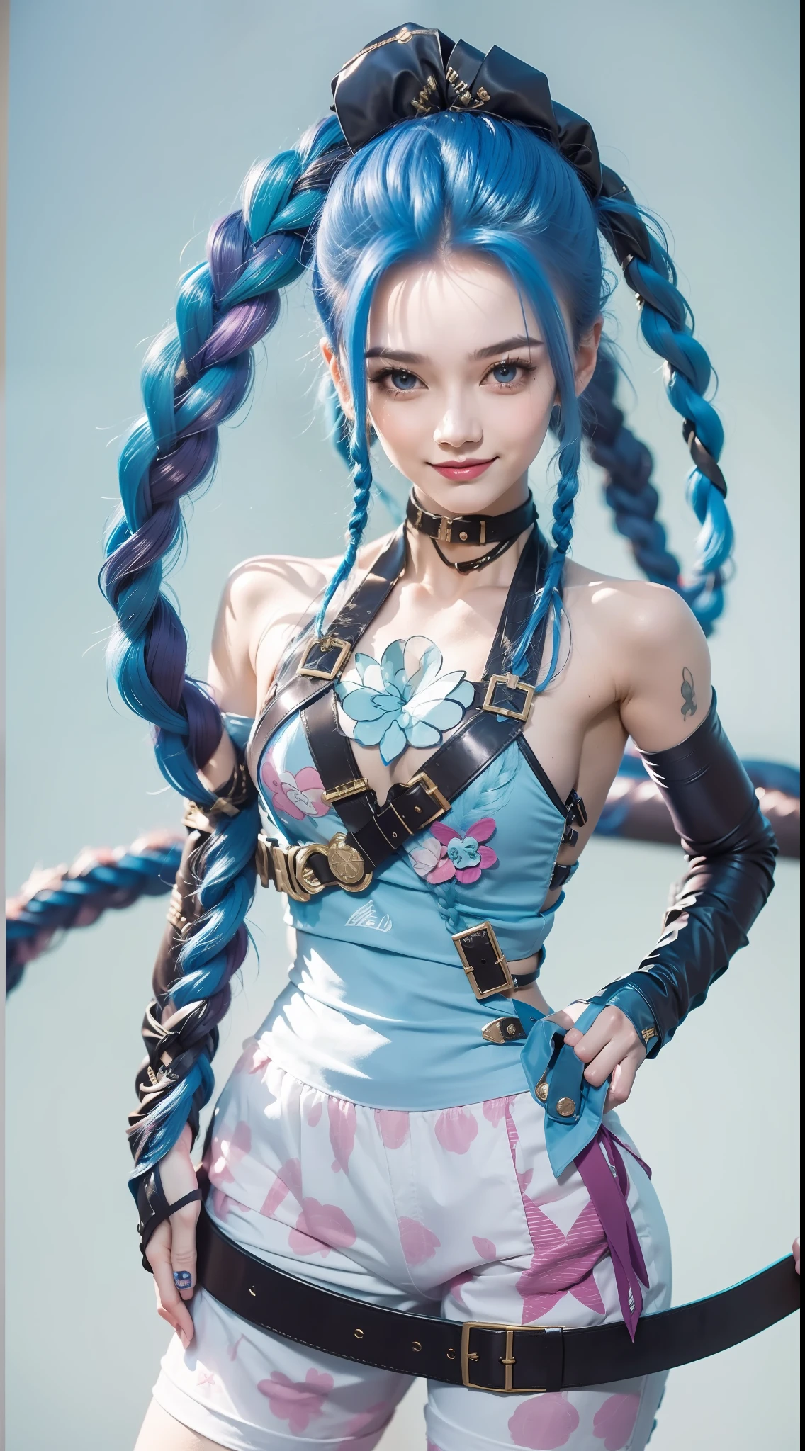 Jinx, bikini, bikini, slim body, long whip in hand, blue hair, two long blue braids, twisted braids, braid structure is clear, handsome style, striped underwear, leather trouser belt, purple hot pants, beautiful face, evil smile, no extra fingers, correct hand structure, optimize the picture, cinema lens-like texture, remove excess lines, optimize the structure