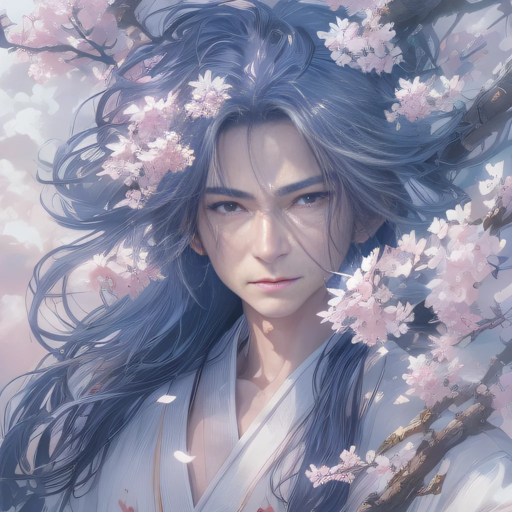 Uyghur male,Has natural ultramarine hairs ,Anime, Realistic photo, Masterpiece, Best quality, Extreme detail, Detailed deep facial features, Deep eye sockets,(((Masterpiece))),(((Best quality))),((Ultra-detailed)),((illustration)),(Painting),(Sketch),((Neck)),Blush,ancient costume,Embroidery,ultra - detailed,Eyes,Very long hair,Disheveled hair,Messy_Hair,Natural ultramarine hair,Flowing hair,Cinematic lighting, Everything floats, Extremely gorgeous, Nature, Seating in a Japanese-style room,tatami floor,summer blue sky outside,Decorated with Japanese Ikebana,Dramatic atmosphere,visual novel background,denoised(A huge cherry blossom tree),(Painting),(Sketch),(((Surrounded by clouds))),(soft),((The British spirit's meticulous eyes and face))Flowing colors,Flowing ink,Line drawing,(standing),(full body:1.05)